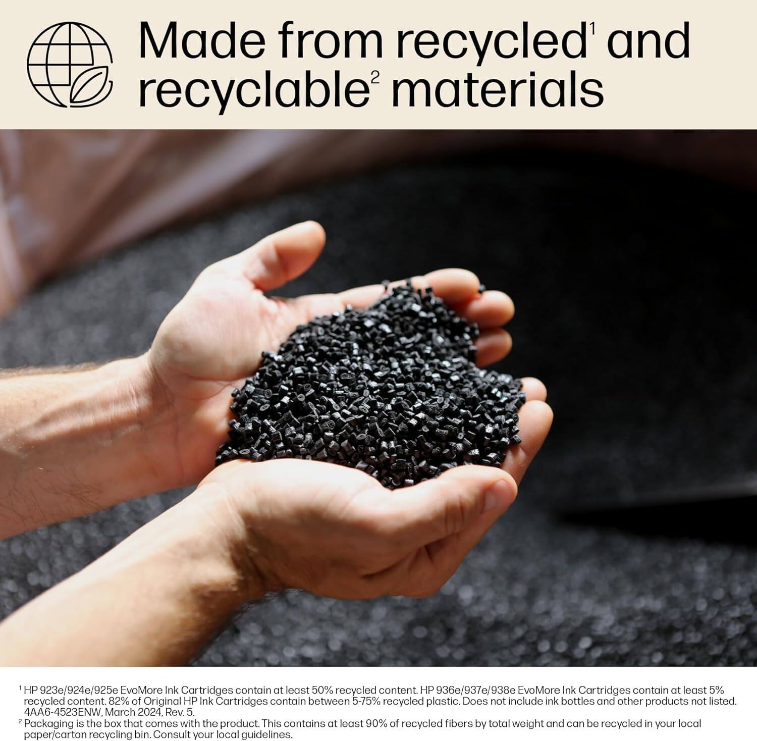 Made from recycled¹ and recyclable² materials

HP 923e/924e/925e EvoMore Ink Cartridges contain at least 50% recycled content.  
HP 936c/937c/938e EvoMore Ink Cartridges contain at least 5% recycled content.  
82% of Original HP Ink Cartridges contain between 5-75% recycled plastic.  
Does not include ink bottles and other products not listed.  

Packaging is the box that comes with the product. This contains at least 90% of recycled fibers by total weight and can be recycled in your local paper/carton recycling bin. Consult your local guidelines.

¹HP 923e/924e/925e EvoMore Ink Cartridges contain at least 50% recycled content. HP 936c/937c/938e EvoMore Ink Cartridges contain at least 5% recycled content. 82% of Original HP Ink Cartridges contain between 5-75% recycled plastic. Does not include ink bottles and other products not listed.  
²Packaging is the box that comes with the product.