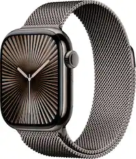 Angle. Apple - Apple Watch Series 10 (GPS+Cellular) 42mm Titanium Case with Slate Milanese Loop - Slate.