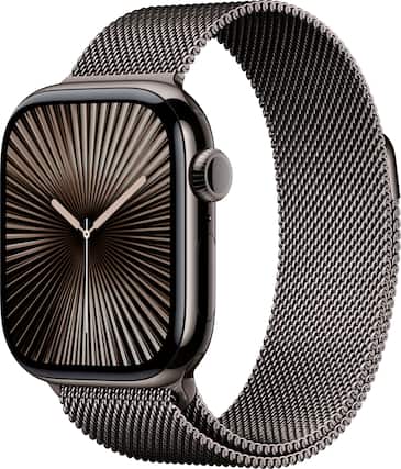 Angle. Apple - Apple Watch Series 10 (GPS+Cellular) 42mm Titanium Case with Slate Milanese Loop - Slate.
