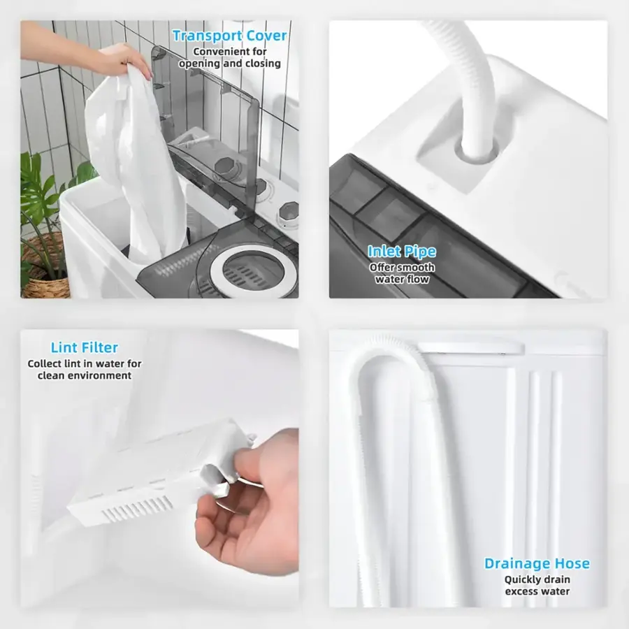 Transport Cover: Convenient for opening and closing Inlet Pipe.
Offer smooth water flow.
Lint Filter: Collect lint in water for clean environment.
Drainage Hose: Quickly drain excess water.