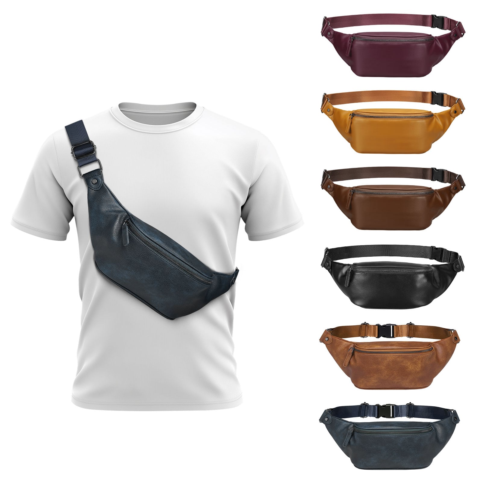 Unique Bargains - Soft Faux Leather Fanny Pack Crossbody Waist Pack with Adjustable Strap Large Pocket Sturdy Zippers for Travel Hiking - Navy Blue