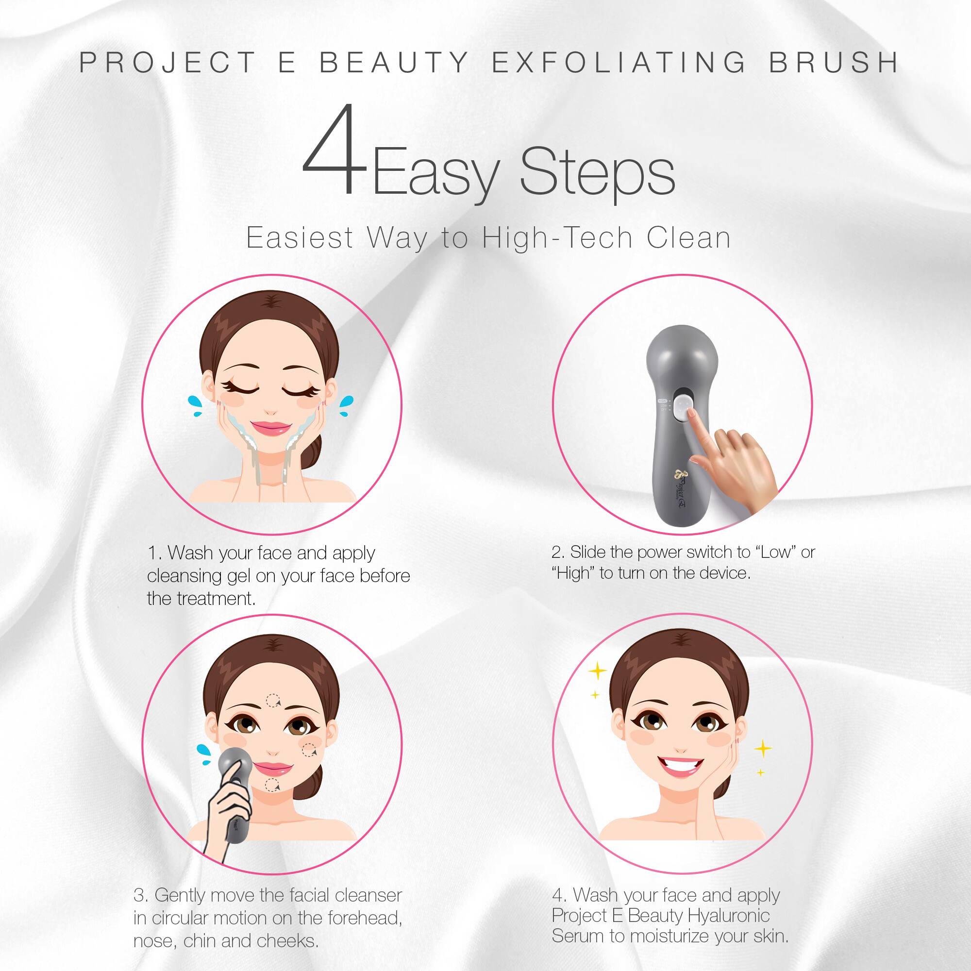 PROJECT E BEAUTY EXFOLIATING BRUSH  
4 Easy Steps  
Easiest Way to High-Tech Clean  

1. Wash your face and apply cleansing gel on your face before the treatment.  
2. Slide the power switch to "Low" or "High" to turn on the device.  
3. Gently move the facial cleanser in circular motion on the forehead, nose, chin and cheeks.  
4. Wash your face and apply Project E Beauty Hyaluronic Serum to moisturize your skin.
