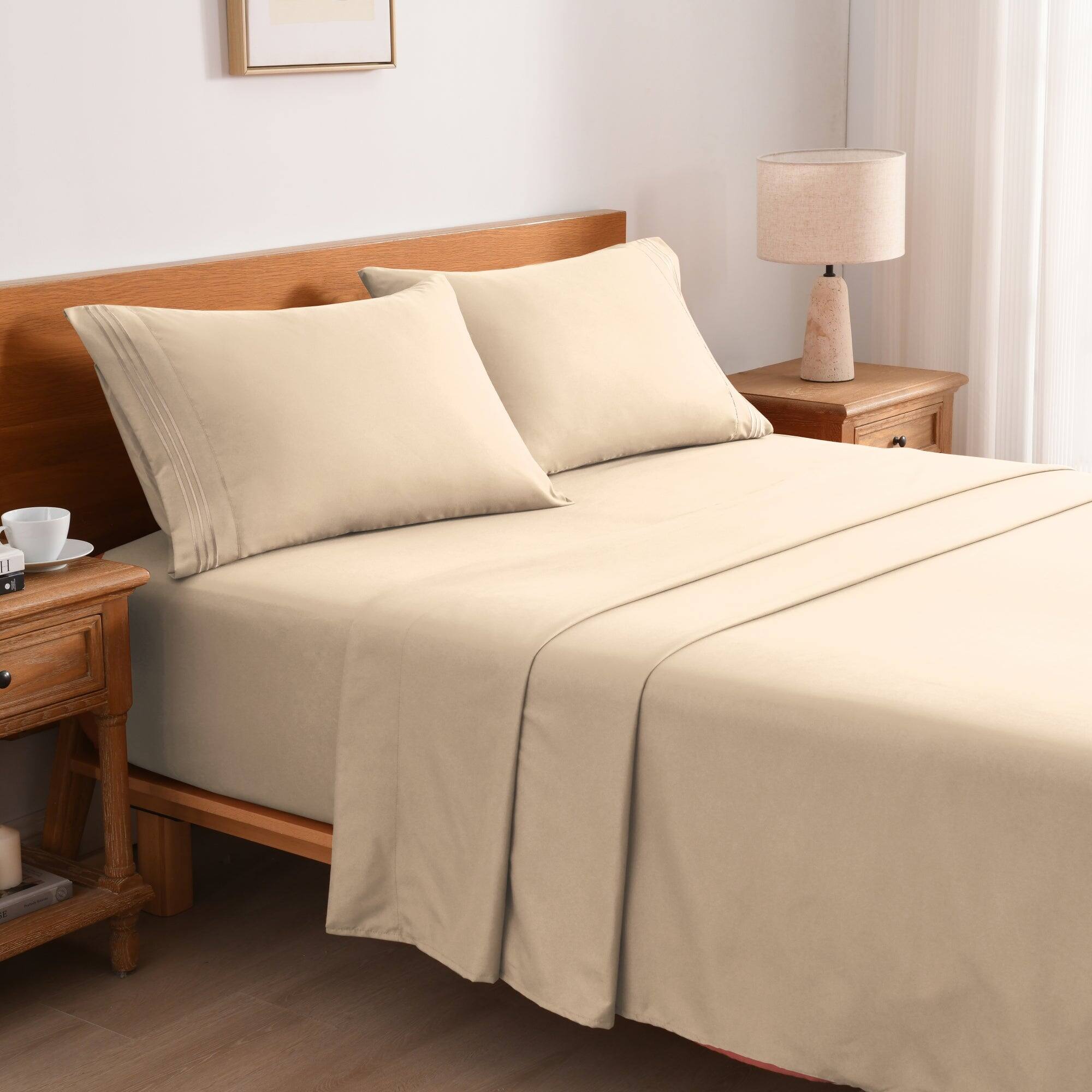 Left. MarCielo - Marcielo 3/4 Pcs Soft Solid & Embroidery Bed Sheets Set - Beige.