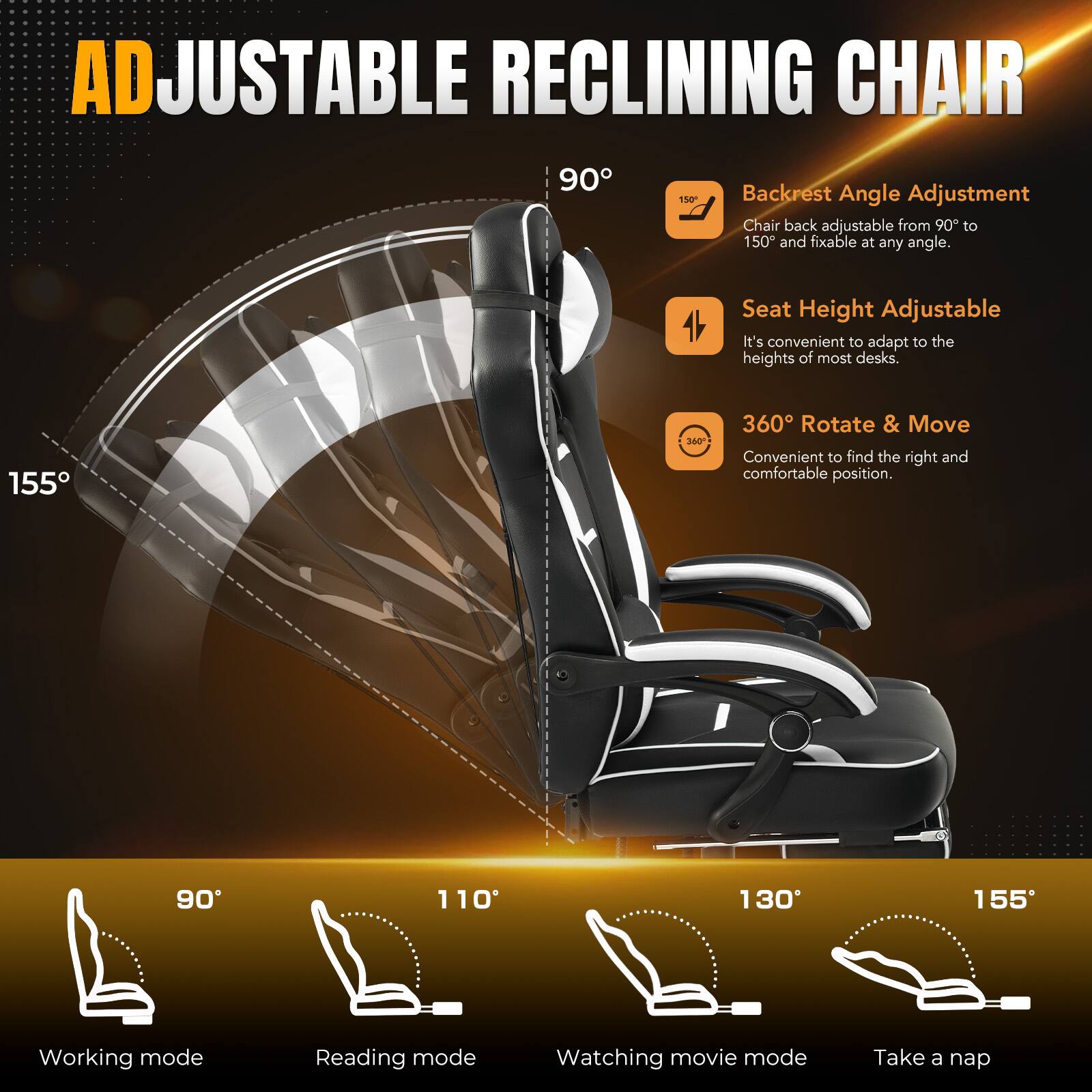 The text on the image reads: "ADJUSTABLE RECLINING CHAIR 90 150 Backrest Angle Adjustment Chair back adjustable from 90 to 150 and fixable at any angle. Seat Height Adjustable It's convenient to adapt to the heights of most desks. 155 360 Rotate & Move Convenient to find the right and comfortable position. 90 110 130 155 Working mode Reading mode Watching movie mode Take a nap."