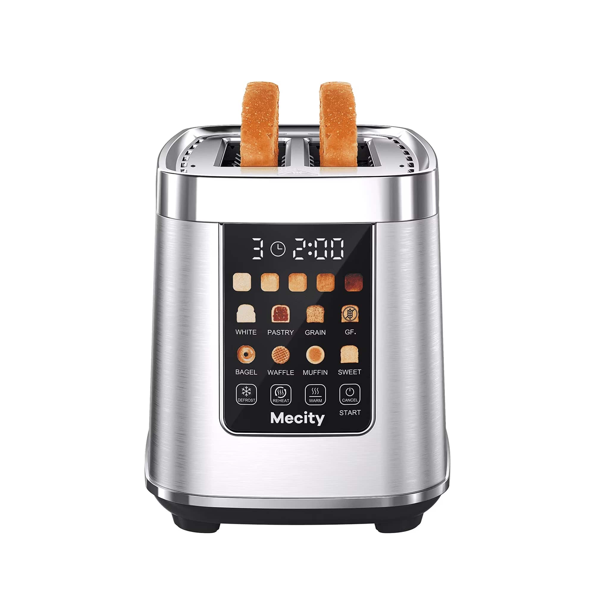 Mecity - Touch Screen Toaster with Automatic Lift & Keep Warm – 2 Slice Smart Toaster, 5 Browning Levels, 8 Bread Programs - Silver
