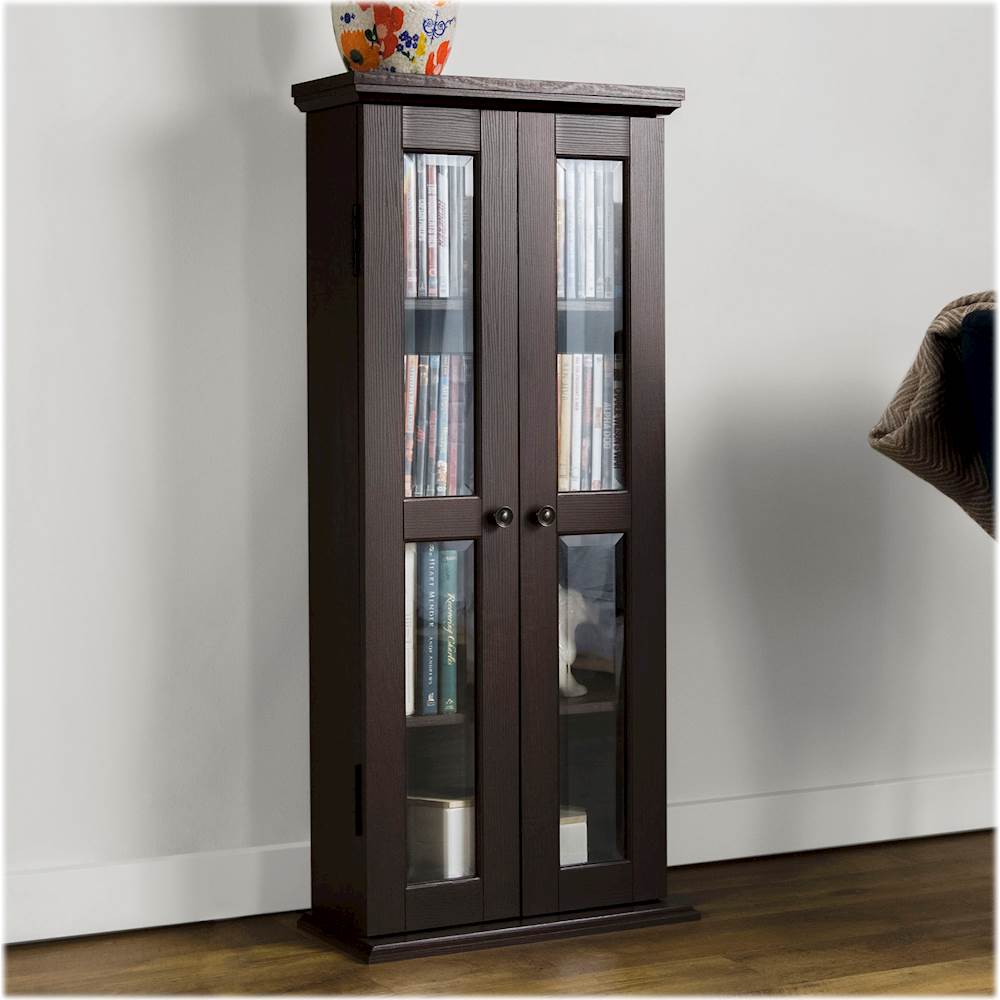 Modern Black Wood Media Storage Cabinet With Glass Doors