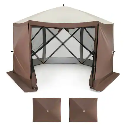 Front. Costway - Costway 11.5 X 11.5 FT Pop-up Gazebo Tent with Mesh Netting Walls 2 Removable Privacy Wind Cloths - Brown.
