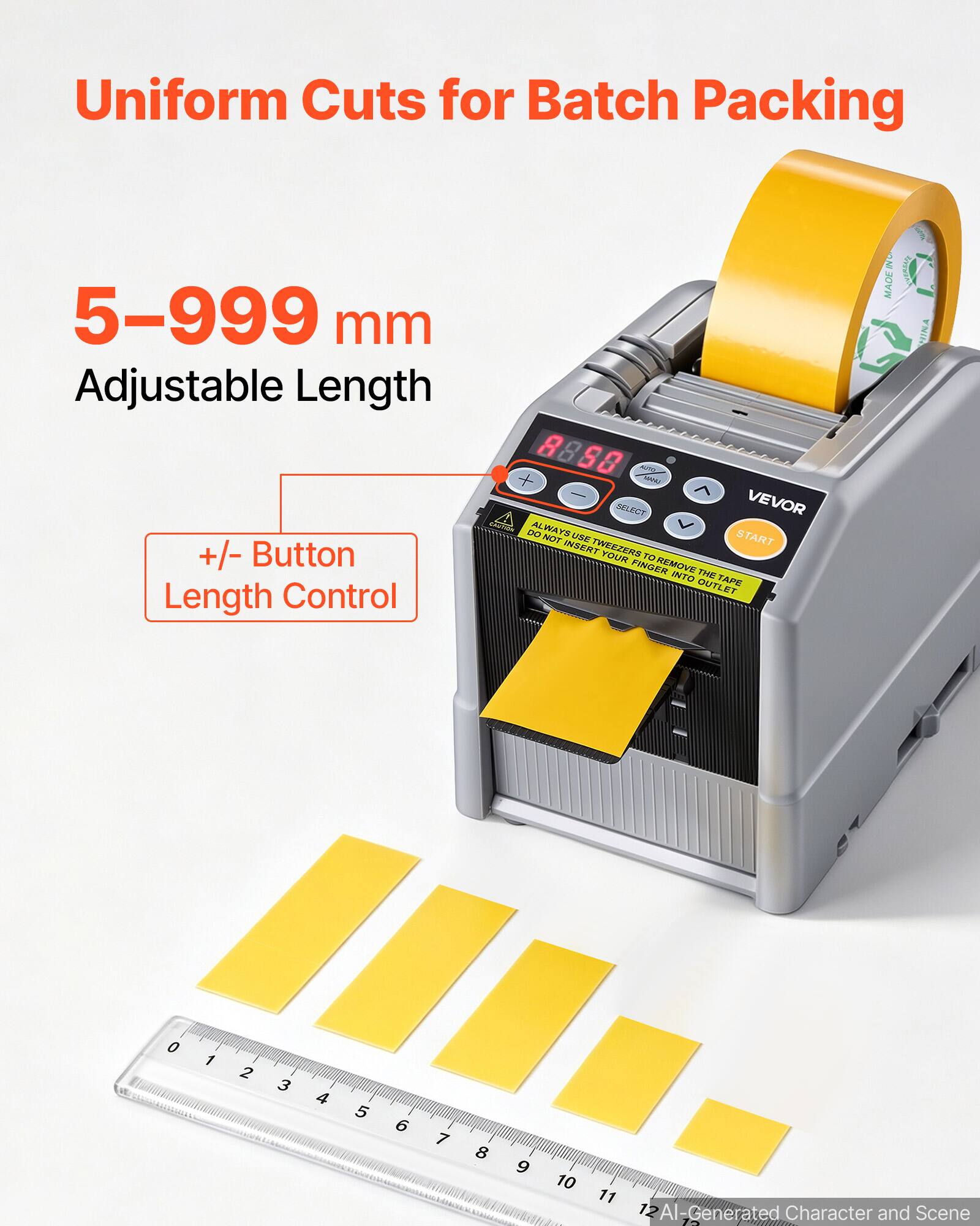 Uniform Cuts for Batch Packing  
5-999 mm Adjustable Length  
MADE IN CHINA  
+/- Button Length Control  
APP SELECT VEVOR  
ALWAYS USE TWEezERS TO REMOVE THE TAPE OUTLET  
DO NOT INSERT YOUR FINGER INTO THE OUTLET  
0 1 2 3 4 5 6 7 8 9 10 11 12  
AI-Generated Character and Scene
