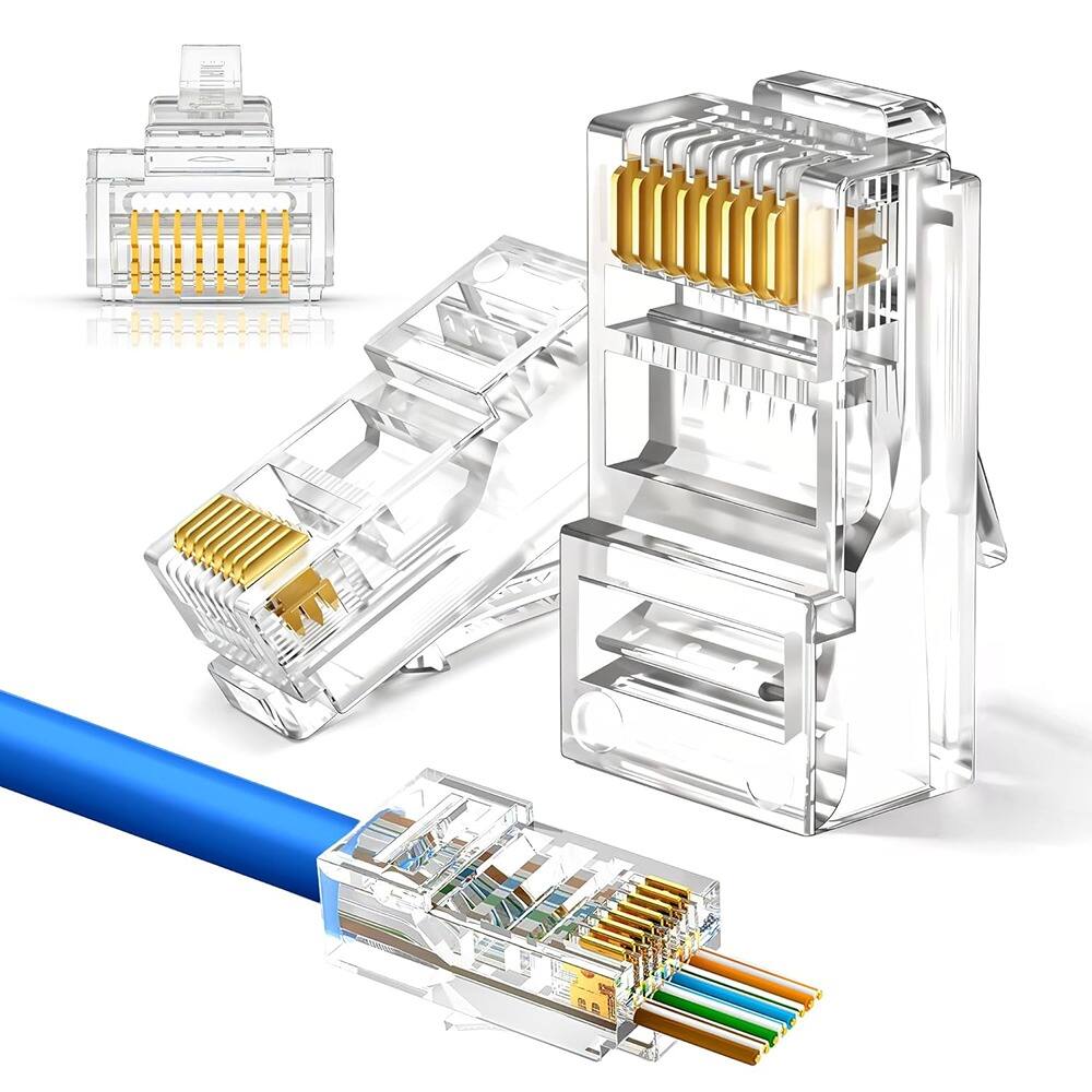 Front. ACJPR - Cat6 RJ45 Pass-Through Connectors, Gold-Plated, 100-Pack.