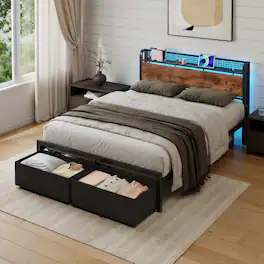 Furnulem - Bed Frame with 2 Underbed Drawers and Open Storage Headboard Adjustable LED Light and Charging Station - Brown