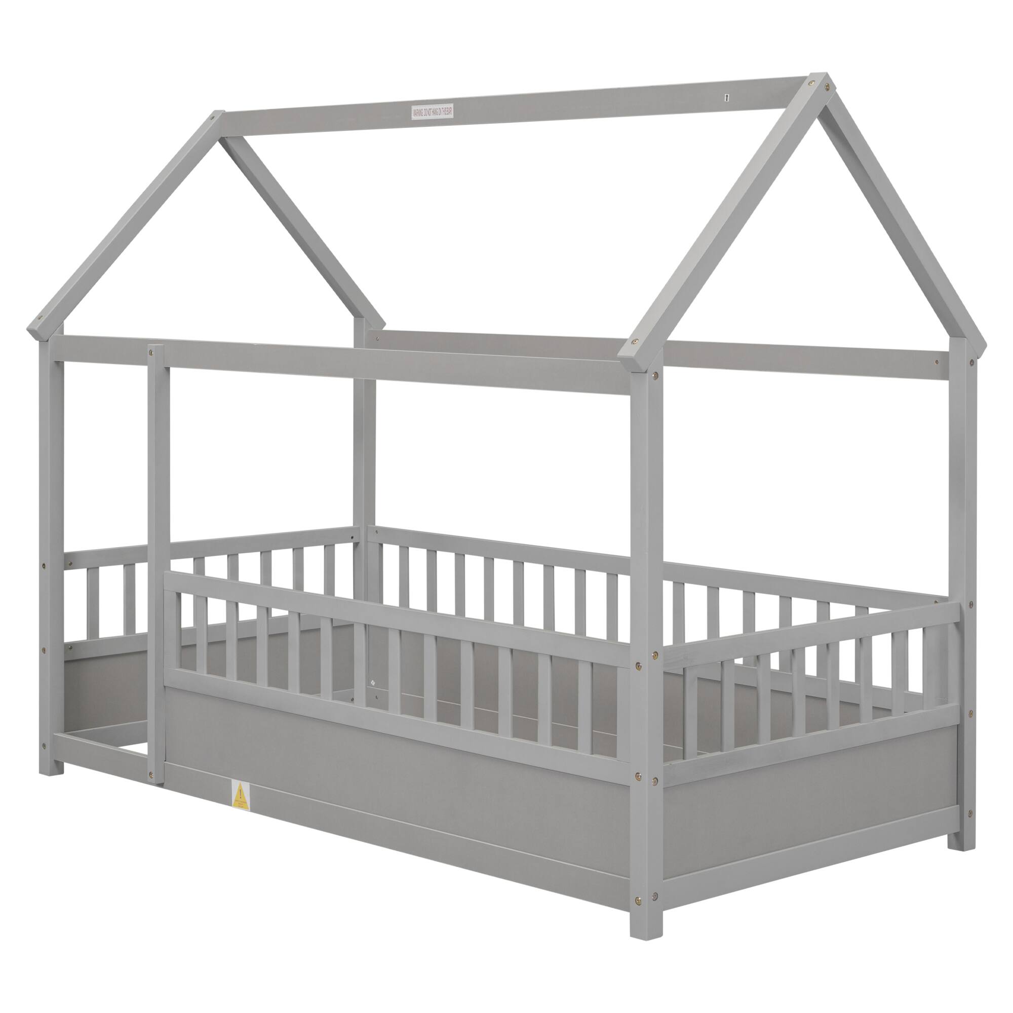 Alt View 6. GOODSILO - Twin Size Floor Bed with Playhouse Roof Design and Safety Guardrails for Children's Bedroom - Grey.