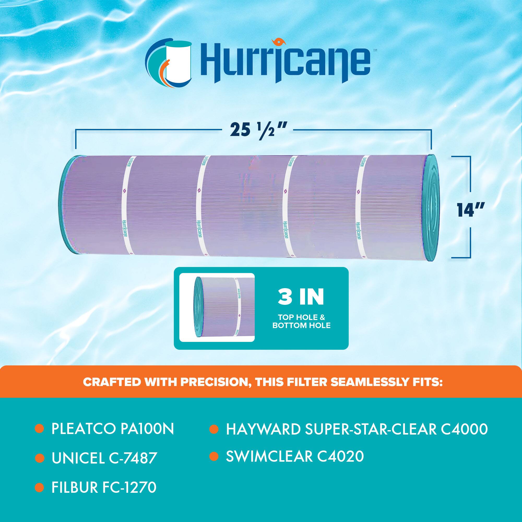 Hurricane

25 1/2" x 14"

3 IN TOP HOLE & BOTTOM HOLE

CRAFTED WITH PRECISION, THIS FILTER SEAMLESSLY FITS:

- PLEATCO PA100N
- UNICEL C-7487
- FILBUR FC-1270
- HAYWARD SUPER-STAR-CLEAR C4000
- SWIMCLEAR C4020