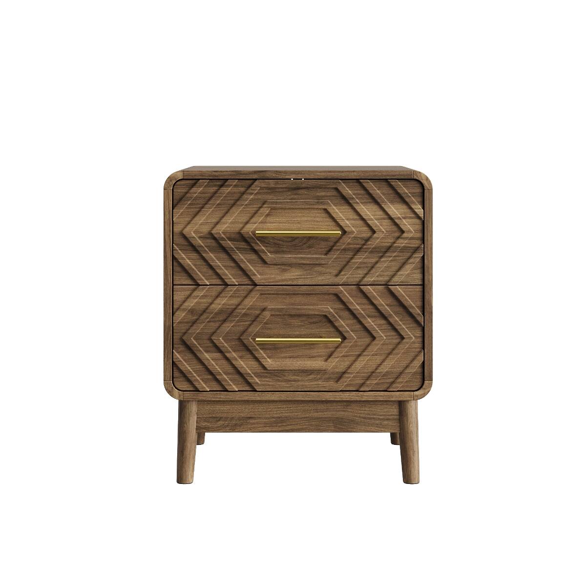 Alt View 9. Loheer - Loheer Walnut Bedside Table, Two Drawer Nightstand with Solid Wood Legs for Bedroom - Walnut.