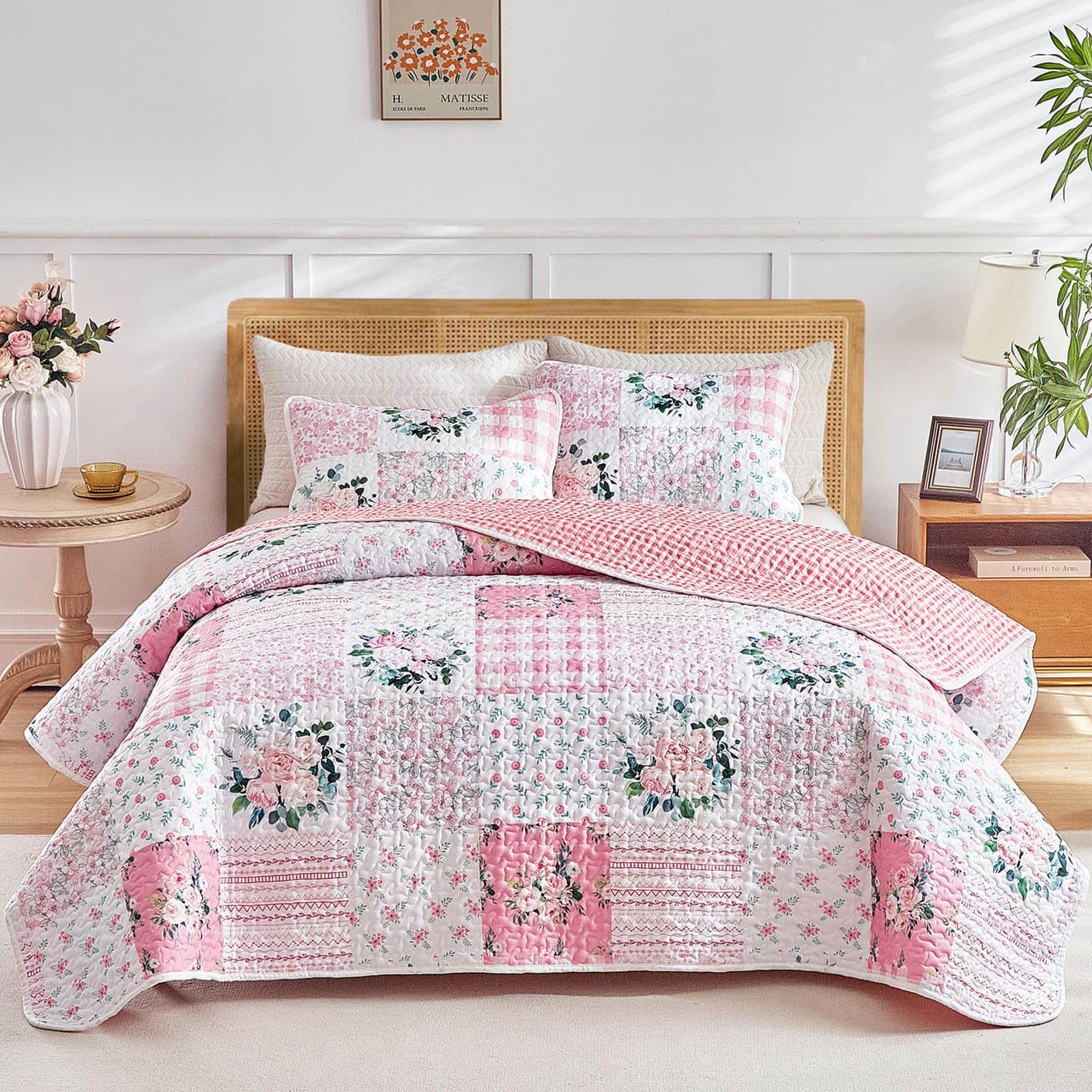 Stylel Star - 3 Pieces Floral Patchwork Quilt Set Queen Blue N White Flowers Design Soft Cozy Microfiber Bedspread Bed Cover For - Pink-King-102"x90"