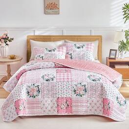 Stylel Star - 3 Pieces Floral Patchwork Quilt Set Queen Blue N White Flowers Design Soft Cozy Microfiber Bedspread Bed Cover For - Pink-King-102"x90"