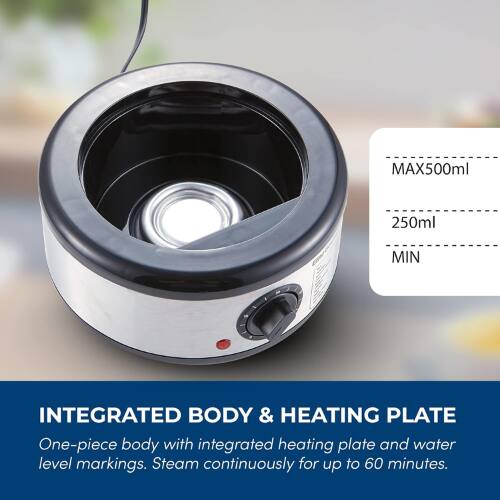MAX 500ml  
250ml  
MIN  

INTEGRATED BODY & HEATING PLATE  
One-piece body with integrated heating plate and water level markings. Steam continuously for up to 60 minutes.