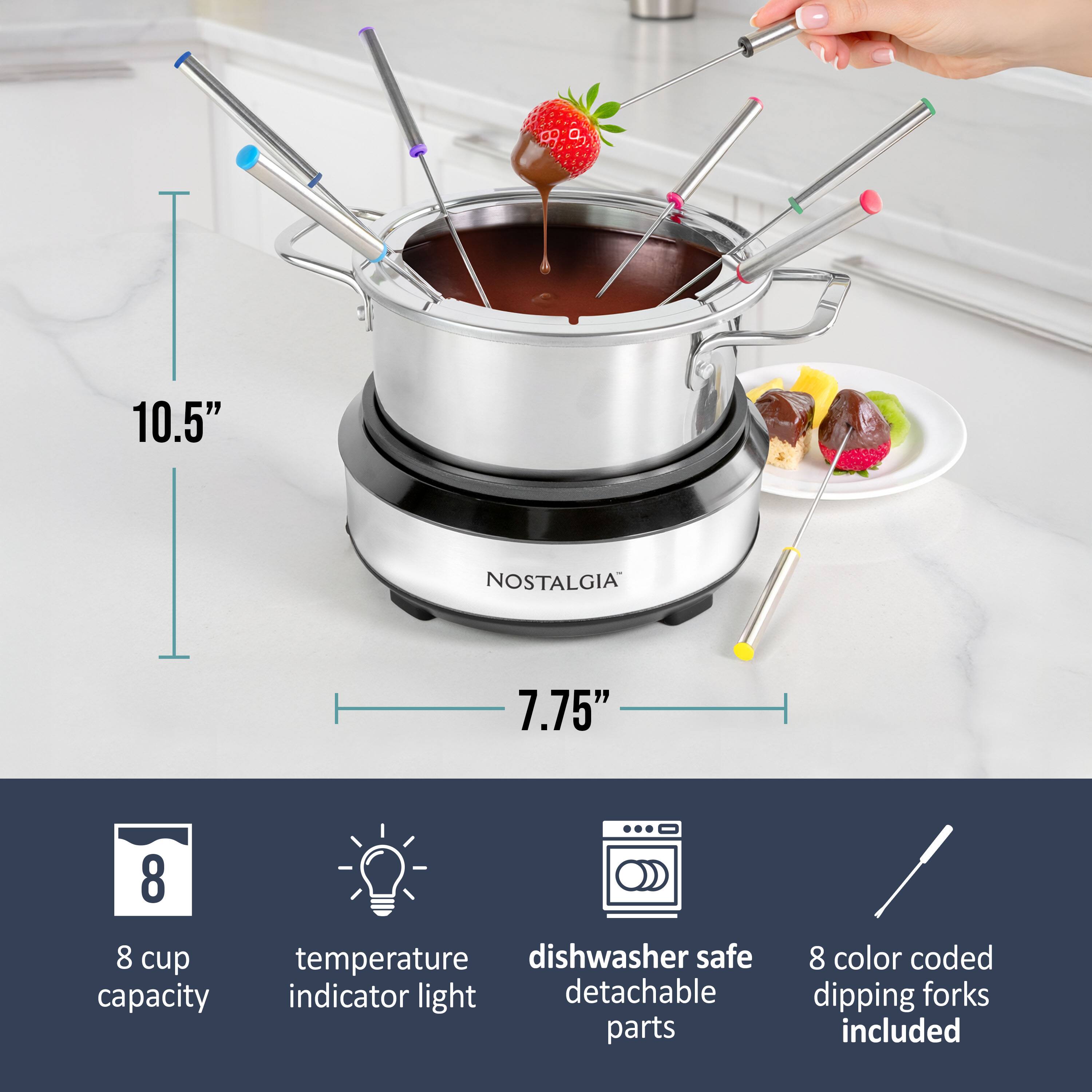9 8 10.5" NOSTALGIA 7.75" 8 cup capacity temperature indicator light dishwasher safe detachable parts 8 color coded dipping forks included
