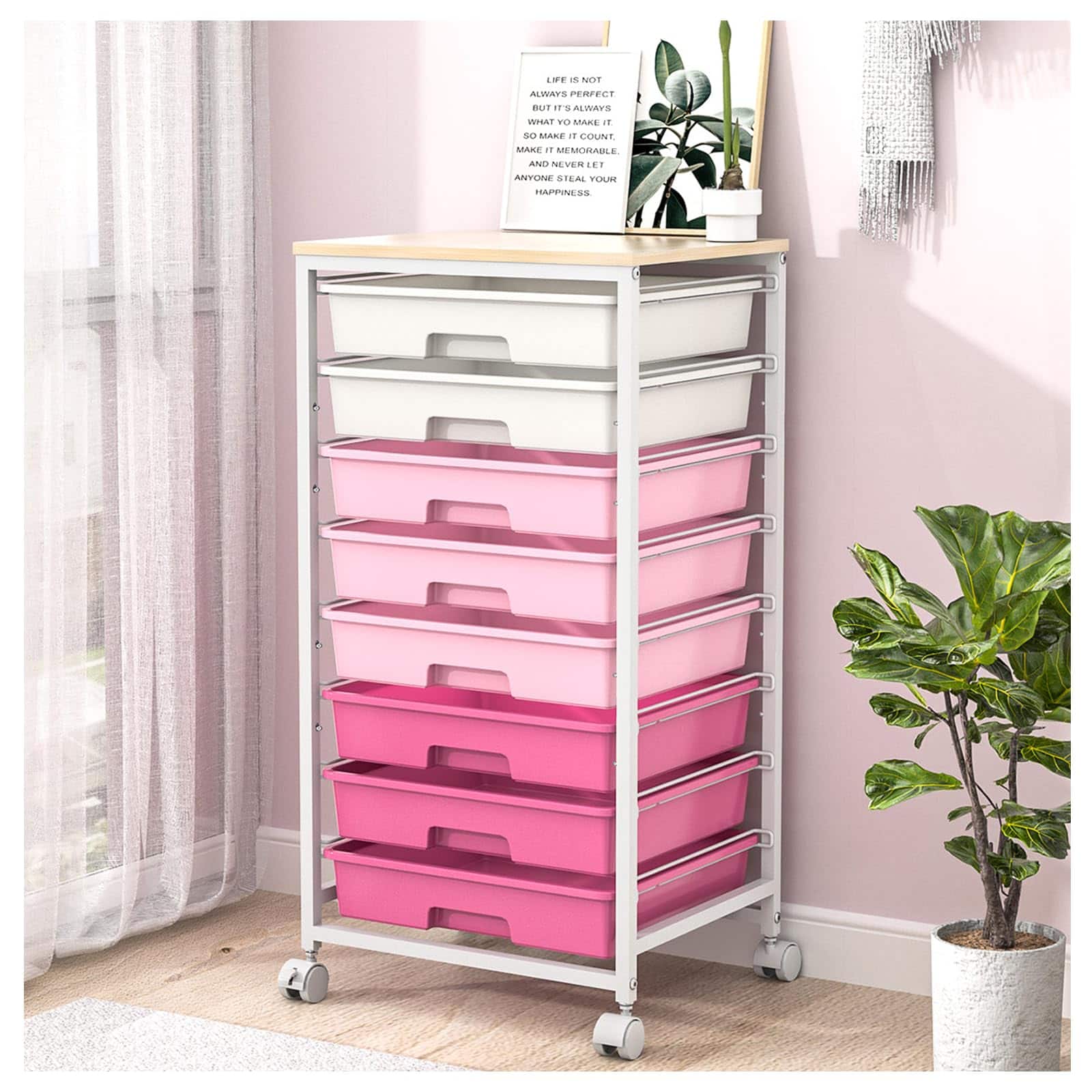 JETRANSPORT - Rolling Storage Utility Cart Organizers With 8 Drawers And Wooden Tabletop For Living Room Office - Rose Pink
