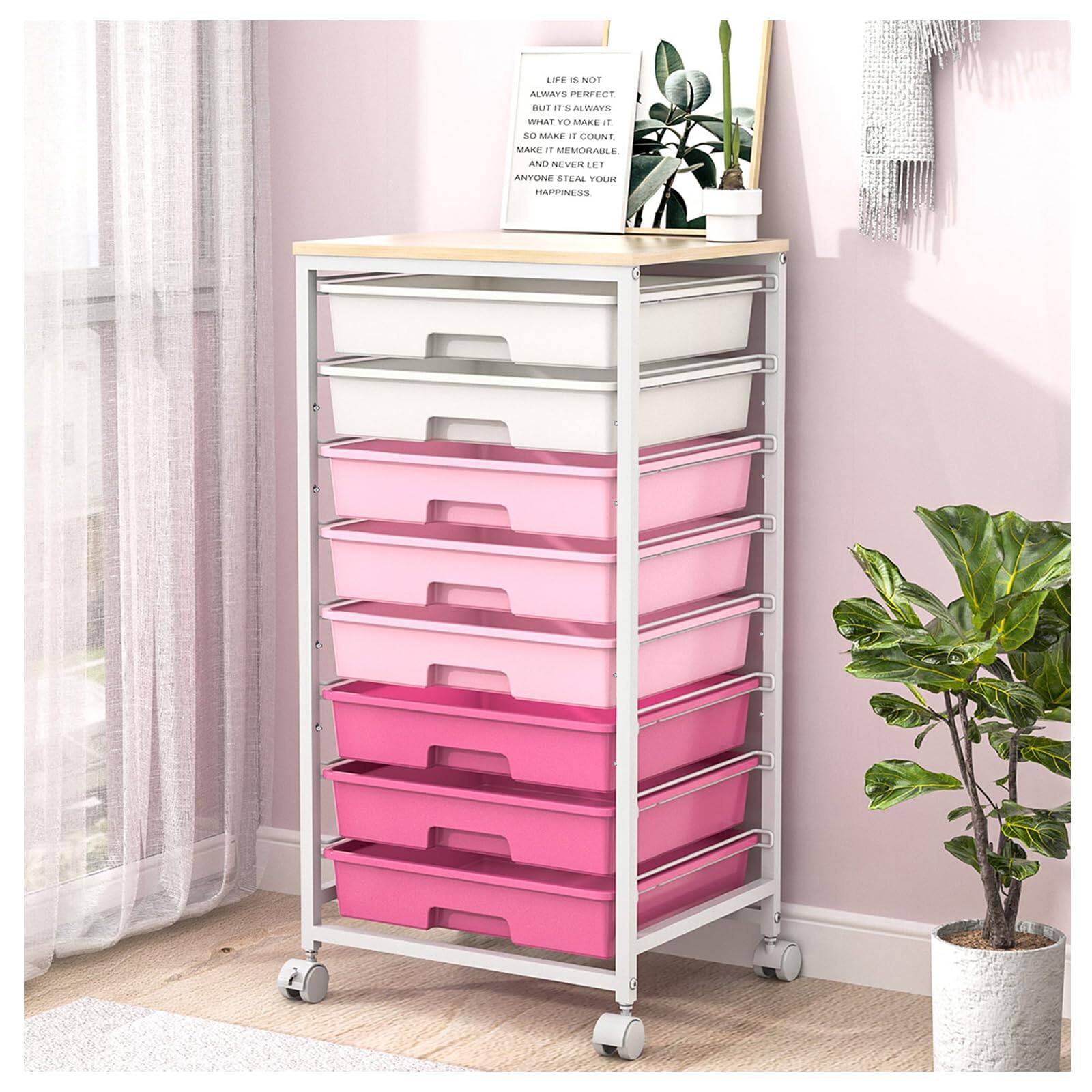 JETRANSPORT - Rolling Storage Utility Cart Organizers With 8 Drawers And Wooden Tabletop For Living Room Office - Rose Pink
