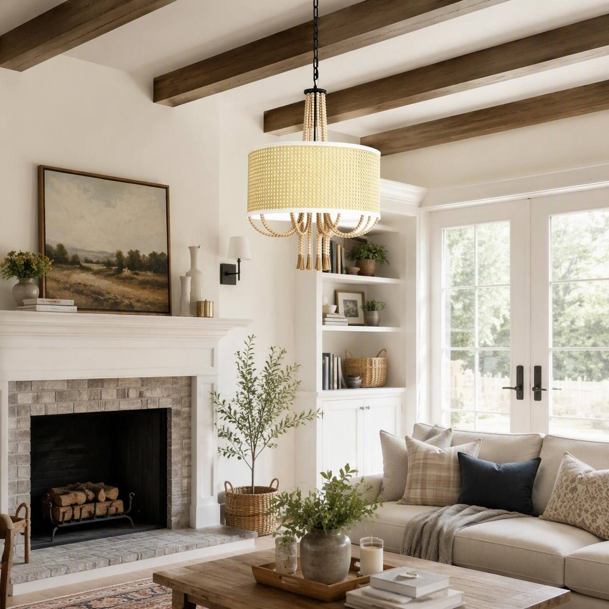 Left. RYHNUYNE - 19 In Boho Rattan 5-Light Chandelier, E12 Bamboo Wood Bead Tassel Coastal Farmhouse Pendant Fixture - Wood.