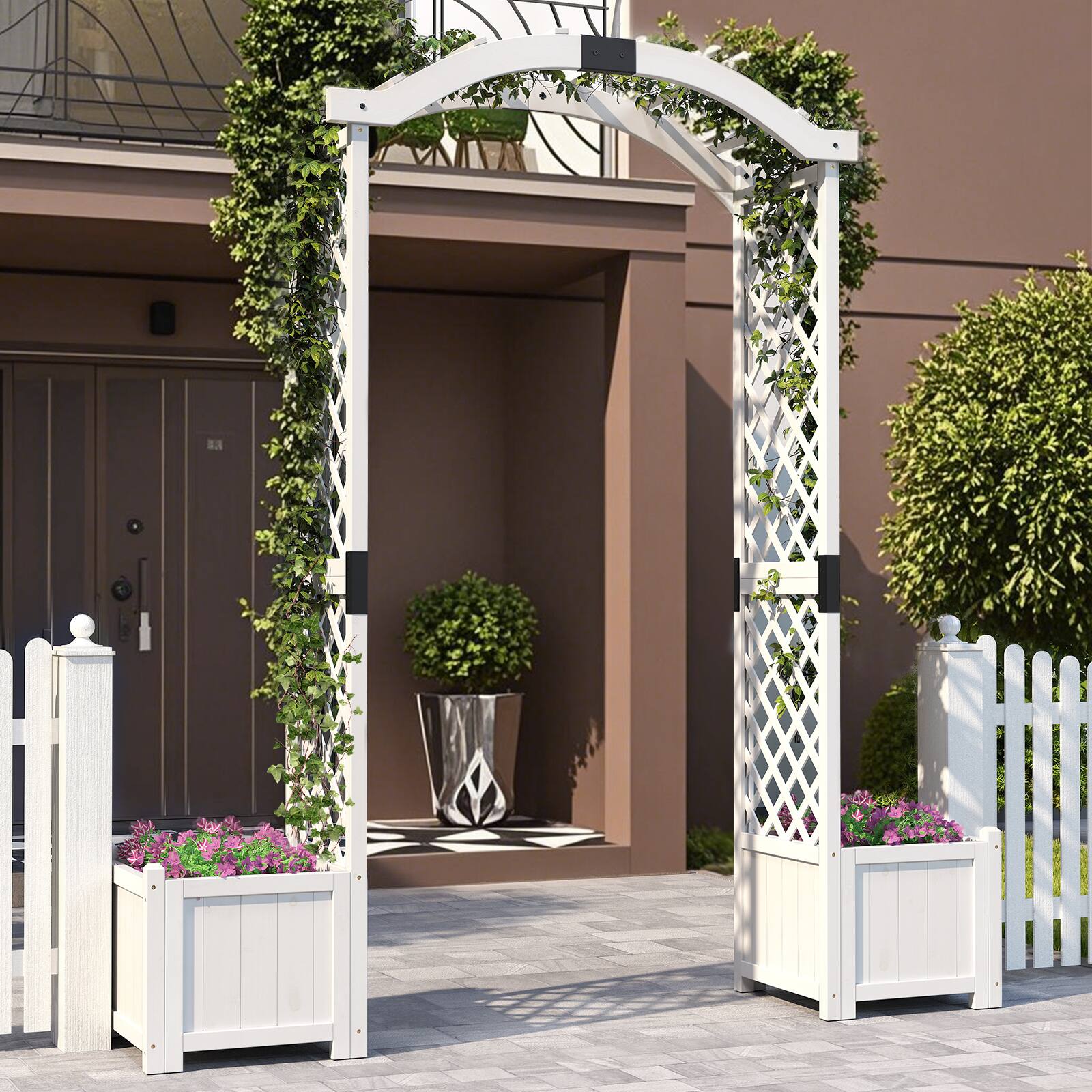 Alt View 1. Gymax - Gymax Garden Arbor w/ Planter Wooden Planter Arch w/ Trellis White - White.