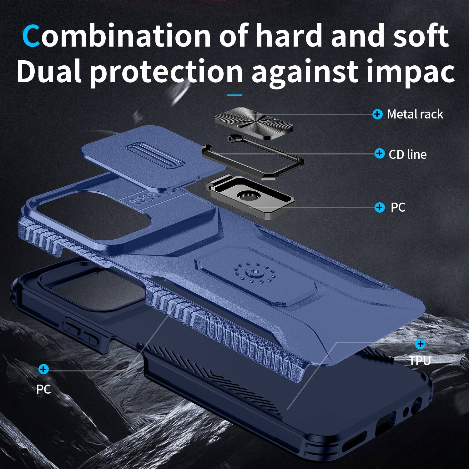 Combination of hard and soft  
Dual protection against impact

- Metal rack
- CD line
- PC
- TPU
- PC