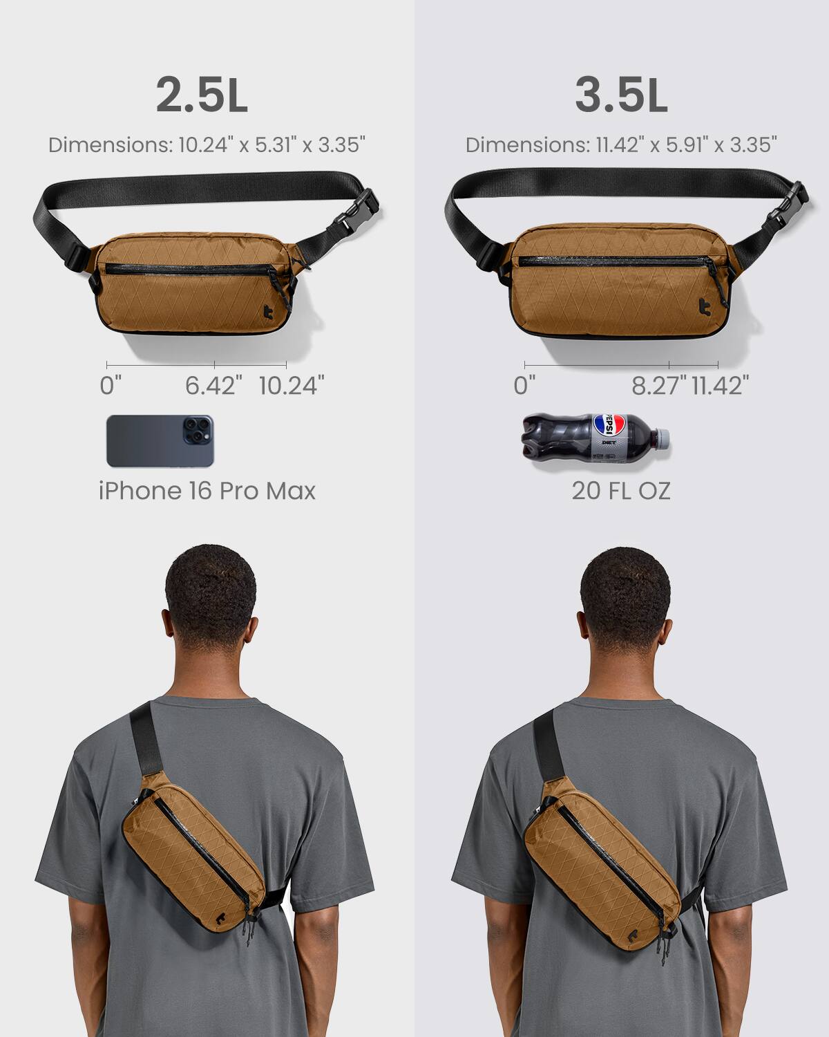 Grouped and corrected text:

2.5L:
- Dimensions: 10.24" X 5.31" X 3.35"
- 0 6.42" 10.24" 0 8.27"
- EPSI - iPhone 16 Pro Max 20 FL OZ

3.5L:
- Dimensions: 11.42" X 5.91" X 3.35"
- 0 6.42" 11.42" 0 8.27"
- EPSI - iPhone 16 Pro Max 20 FL OZ
