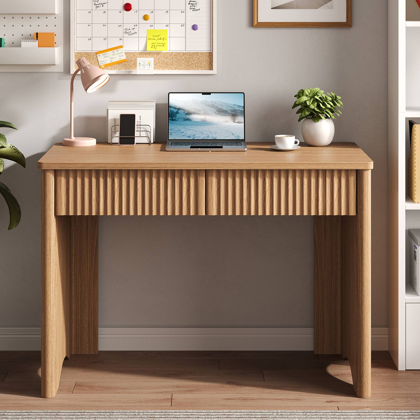 Alt View 3. Bestier - 40 inch Compact Office Desk with 2 Drawers Modern Fluted Home Office Desk for Small Spaces and Apartments - Brown Oak.