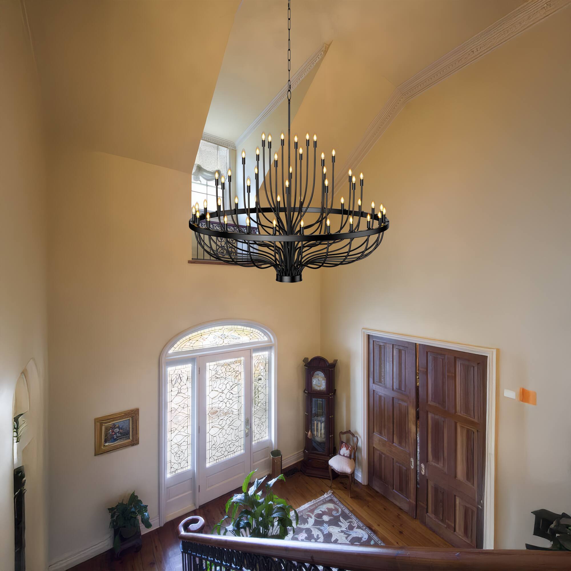 Back. RYHNUYNE - Extra Large 48-Light Farmhouse Wagon Wheel Chandelier - Adjustable Black Pendant Light for High Ceilings - Black.