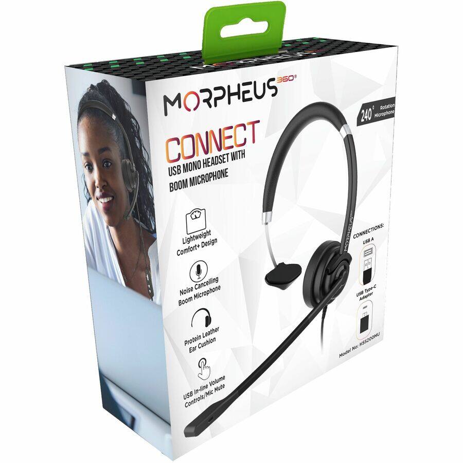 360 MORPHEUS CONNECT  
USB MONO HEADSET WITH BOOM MICROPHONE  

Lightweight Design Comfort+  
Noise Cancelling Boom Microphone  
Protein Leather Ear Cushion  
USB In-line Volume Controls/Mic Mute  

CONNECTIONS:  
USB A  
USB Type-c Adapter  

Model No: HSS200MU