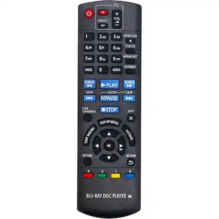 TV INPUT VA + VOL
1 2 abc 2 abc 3 def OPEN/CLOSE
4 ghi 5 jkl 6 mno STATUS
7 pqrs 8 tuv MIRACAST
9 wxyz CANCEL 0 INTERNET AUDIO
SEARCH PLAY SEARCH SKIP SLOW PAUSE SKIP USB SHARING STOP EXIT
X POP-UP MENU MENU HOME TOP OK OPTION RETURN R G Y B
BLU-RAY DISC PLAYER IR6