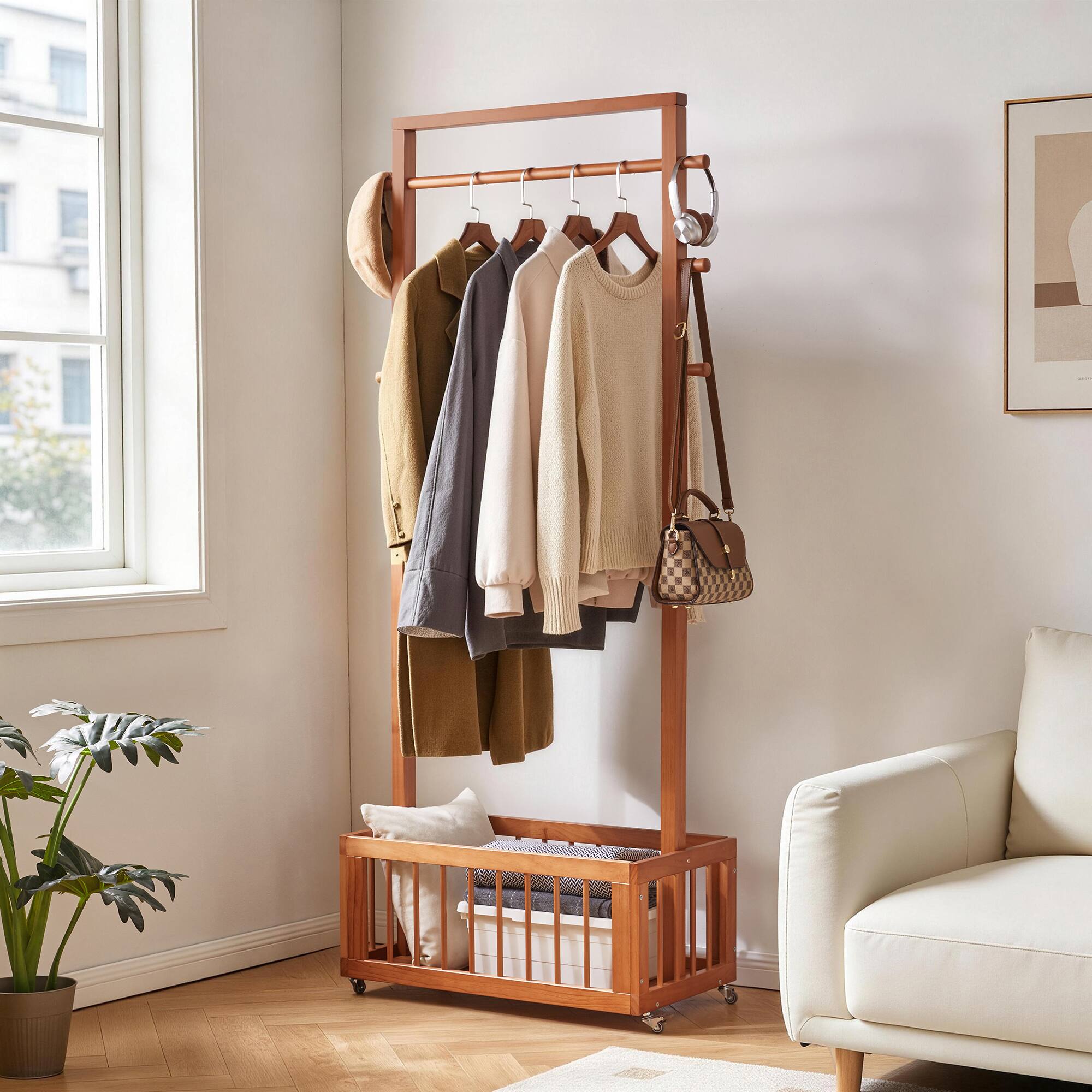 MERAVOM Solid Wood Freestanding Coat Rack with Rolling Wheels & Storage ...