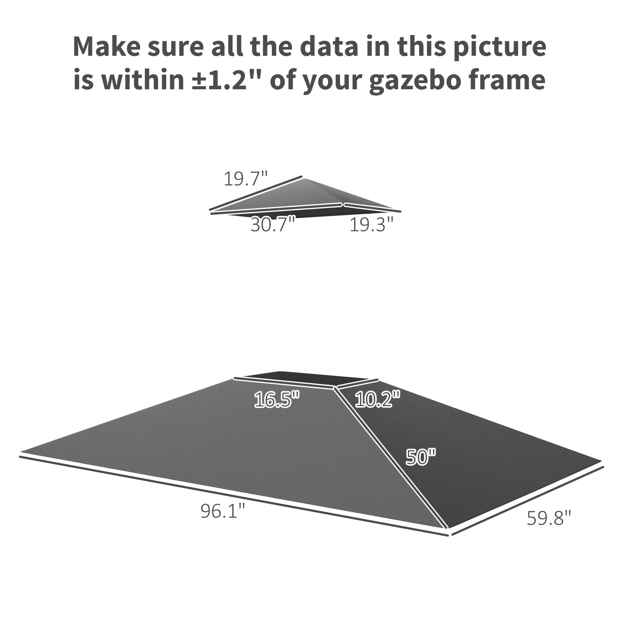 Make sure all the data in this picture is within ±1.2" of your gazebo frame

- 19.7"
- 30.7"
- 19.3"
- 16.5"
- 10.2"
- 50"
- 96.1"
- 59.8"