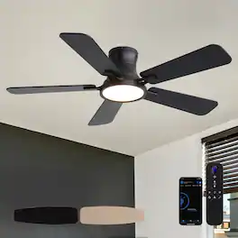 Siljoy - 44 Inch Flush Mount Ceiling Fan with LED Light, 5 Dual-Sided Reversible Blades for Bedroom and Foyer - Black