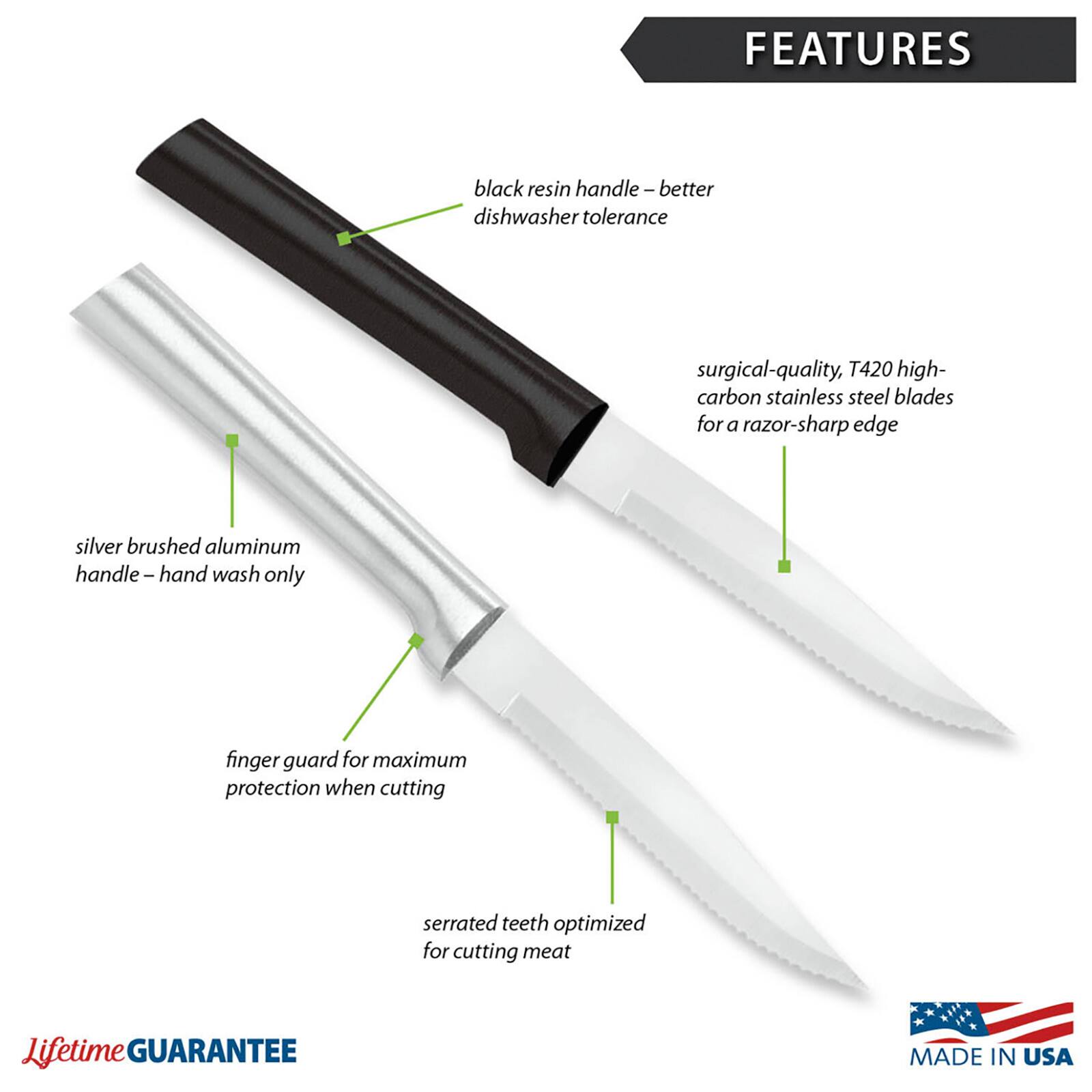 FEATURES
- black resin handle - better dishwasher tolerance
- surgical-quality, T420 high-carbon stainless steel blades for a razor-sharp edge
- silver brushed aluminum handle - hand wash only
- finger guard for maximum protection when cutting
- serrated teeth optimized for cutting meat

Lifetime GUARANTEE
MADE IN USA
