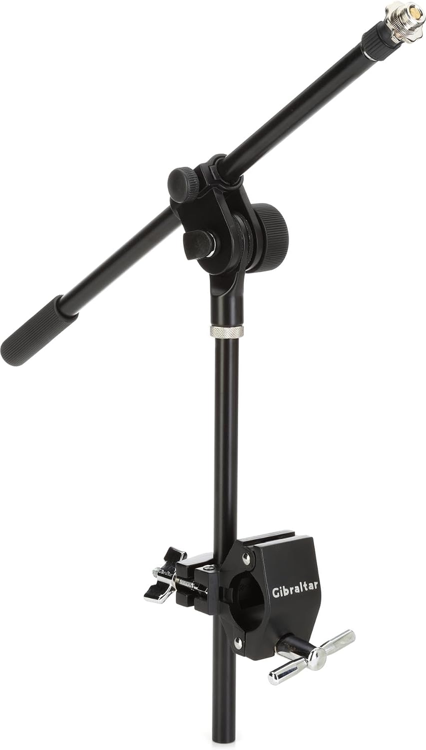 Left. Gibraltar Hardware - Workstation Mic Boom Arm with Rack Clamp, Short Boom Mic Arm for Hands-Free Performance.