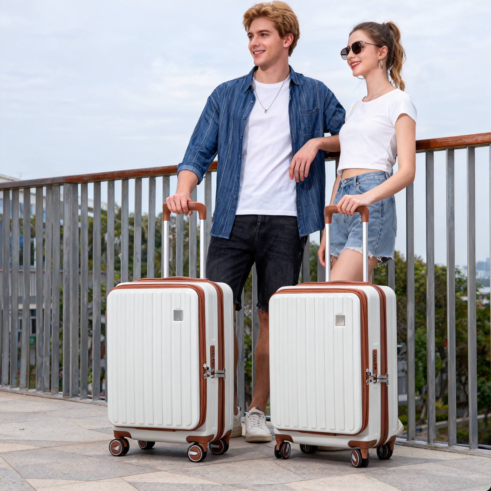 Angle. Sugift - 20-Inch Carry On Luggage PC Hardside Suitcase with Spinner Wheels Aluminum Handle - White.