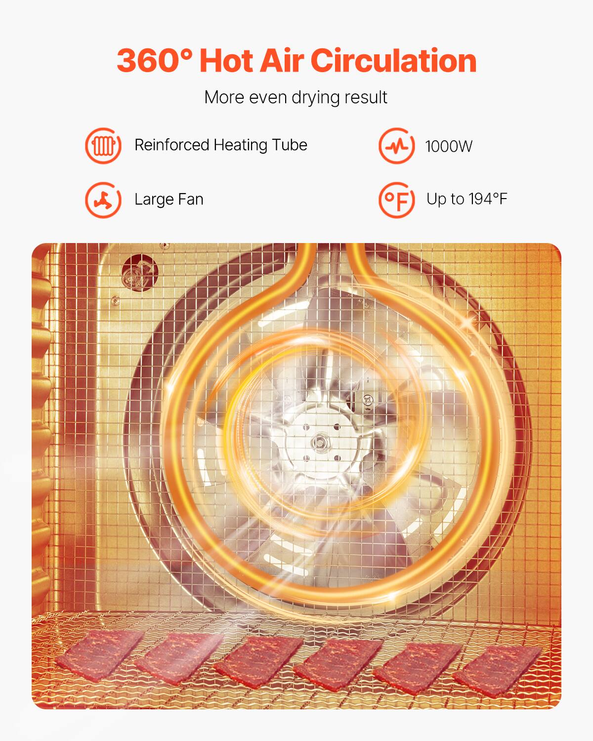 360° Hot Air Circulation  
More even drying result

- Reinforced Heating Tube
- Large Fan
- 1000W
- Up to 194°F