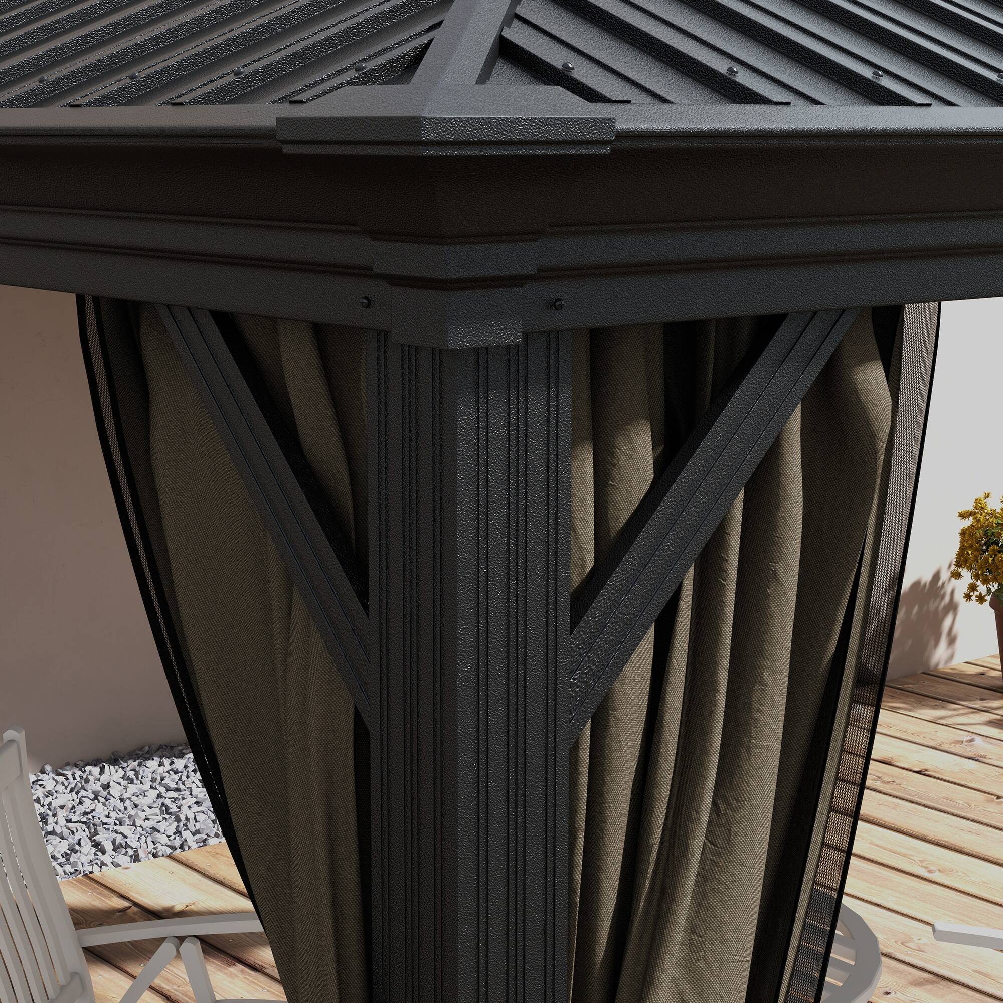 Alt View 8. Outsunny - 10' x 10' Hardtop Gazebo with Curtains and Netting, Permanent Pavilion Metal Double Roof Gazebo Canopy - Dark Brown.