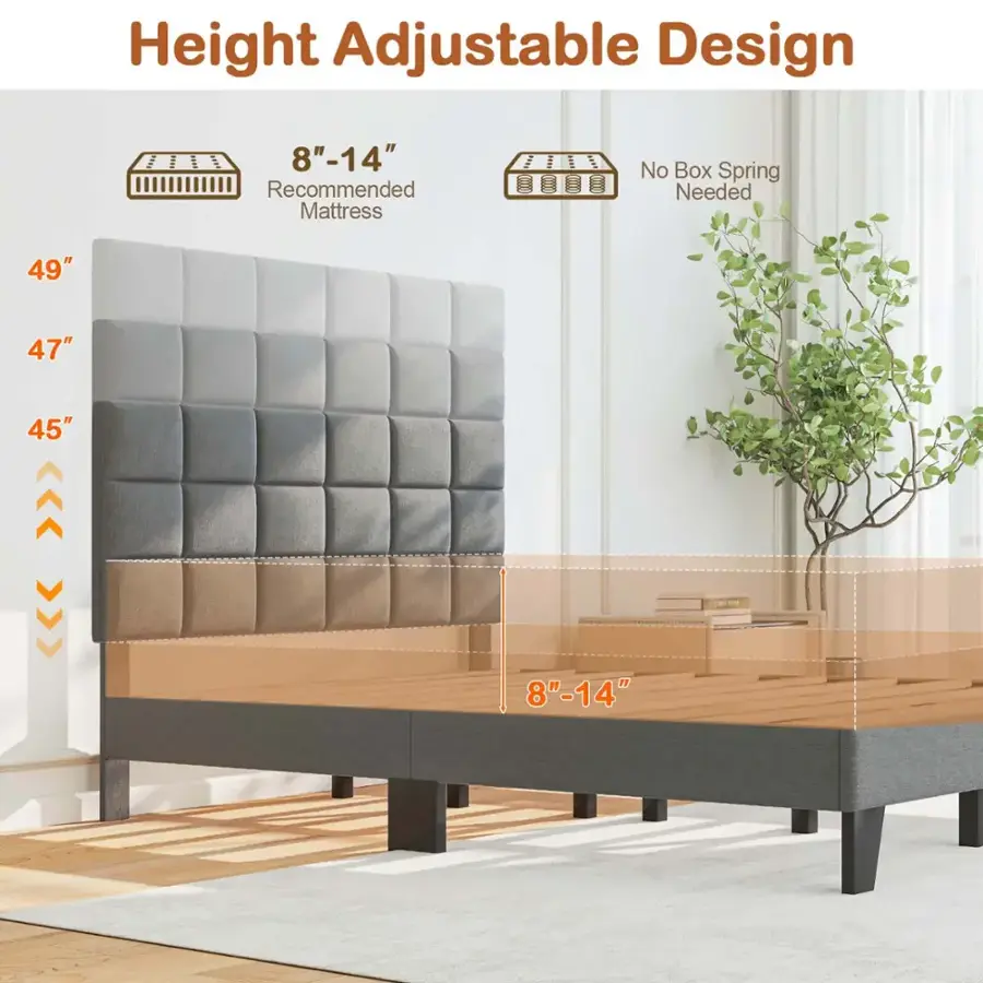 The image features a height adjustable design bed that is recommended to use with a mattress without a box spring. The bed is shown in a living room setting, with a potted plant nearby. The bed's dimensions are 8"-14" in height, and it is designed to be used with a mattress of 49" x 47" or 45" x 8"-14".