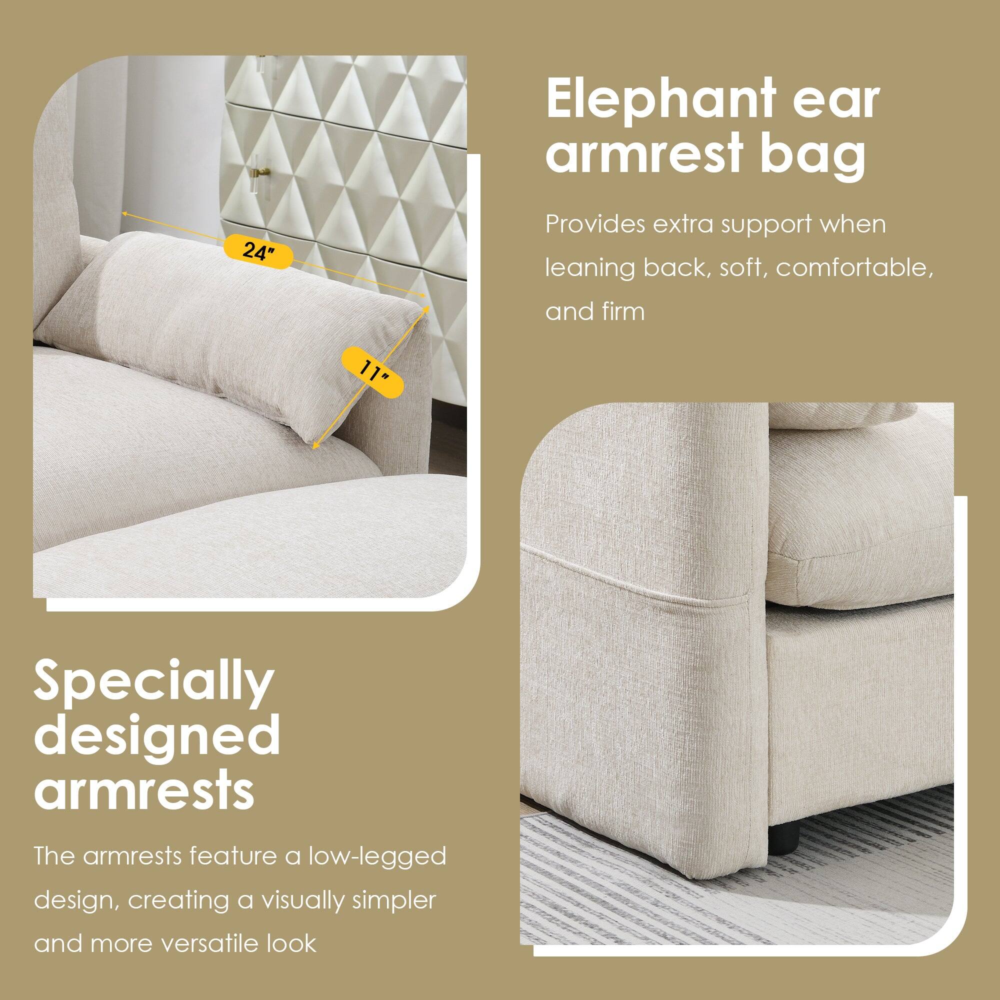 Elephant ear armrest bag  
Provides extra support when leaning back, soft, comfortable, and firm  

Specially designed armrests  
The armrests feature a low-legged design, creating a visually simpler and more versatile look  

24"  
11"