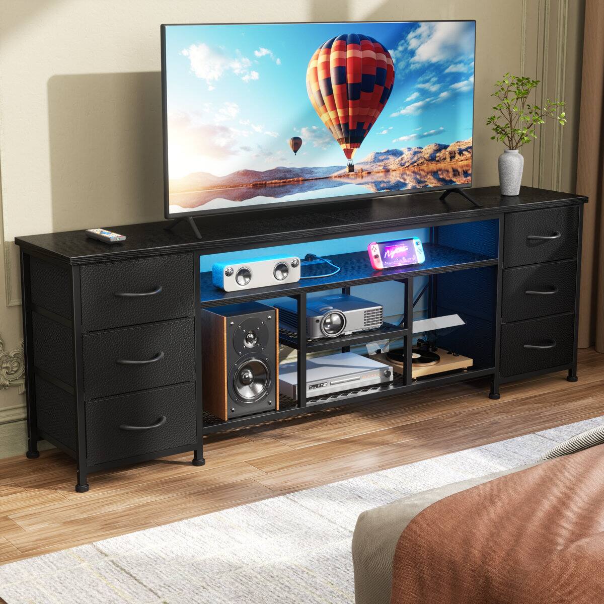 Angle. Furnulem - 63 In Modern LED TV Stand with Power Outlets  6 Drawer Entertainment Center Media Console with Storage for Living Room - Black.