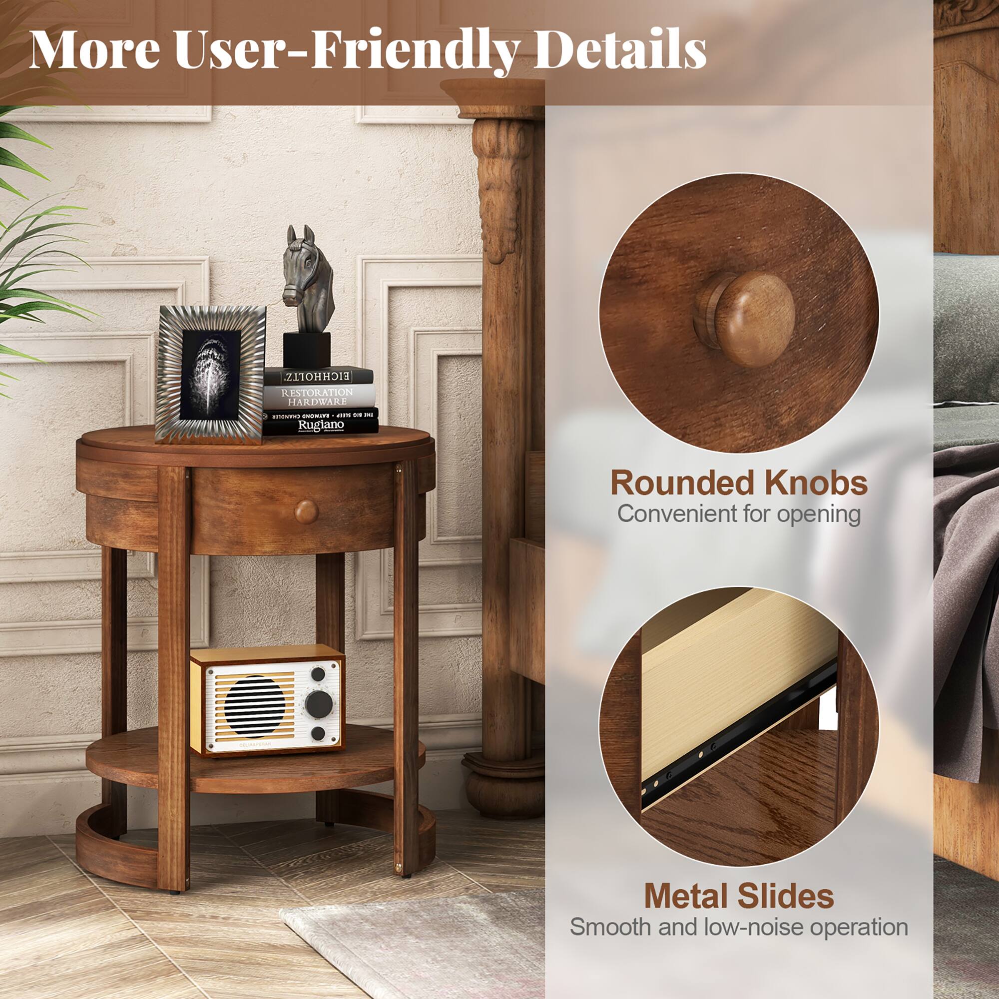 More User-Friendly Details

- Eichholtz Restoration Hardware
- Rugiano Rounded Knobs: Convenient for opening
- Metal Slides: Smooth and low-noise operation