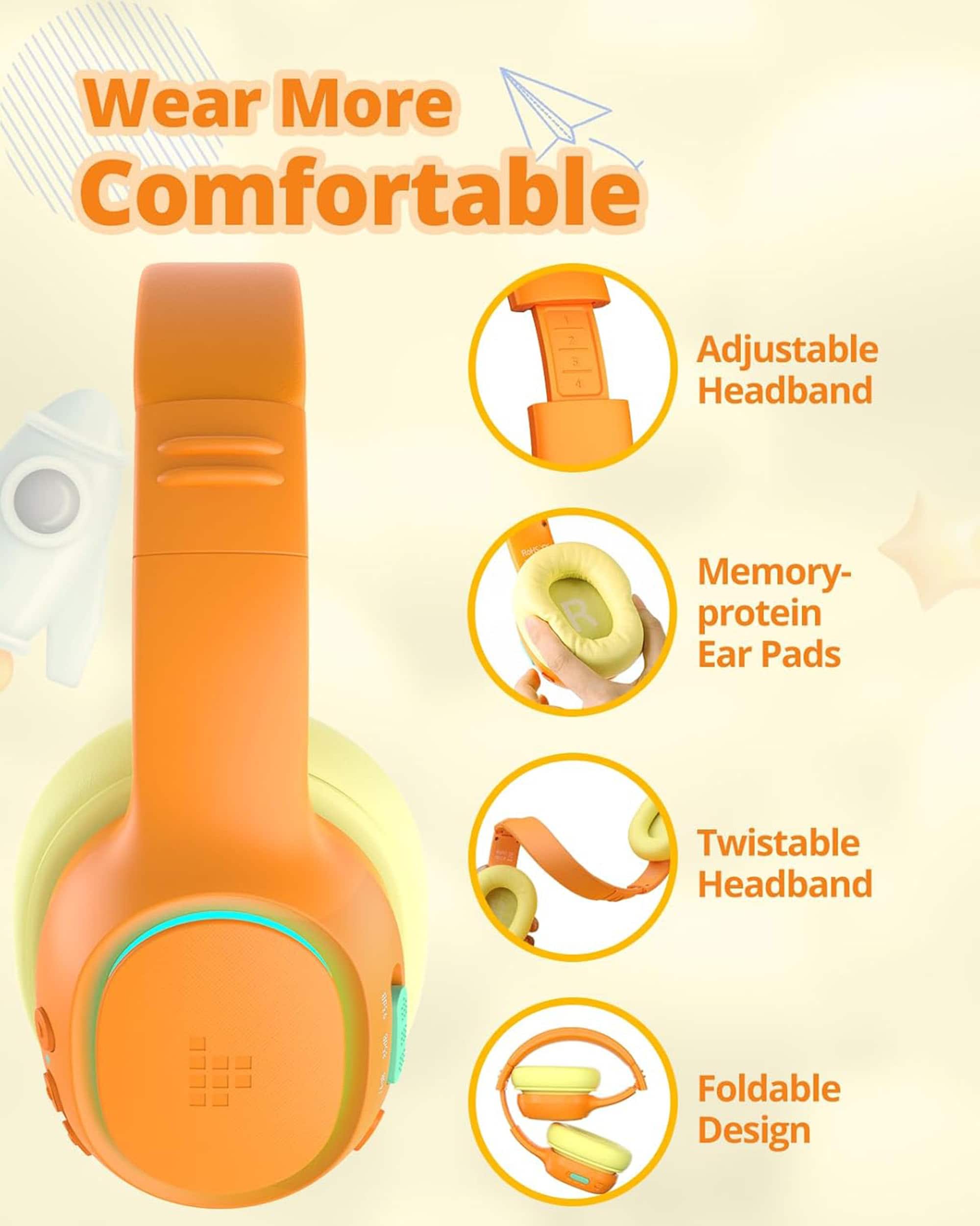 Wear More Comfortable:
1. Adjustable Headband
2. Memory-protein Ear Pads
3. Twistable Headband
4. Foldable Design