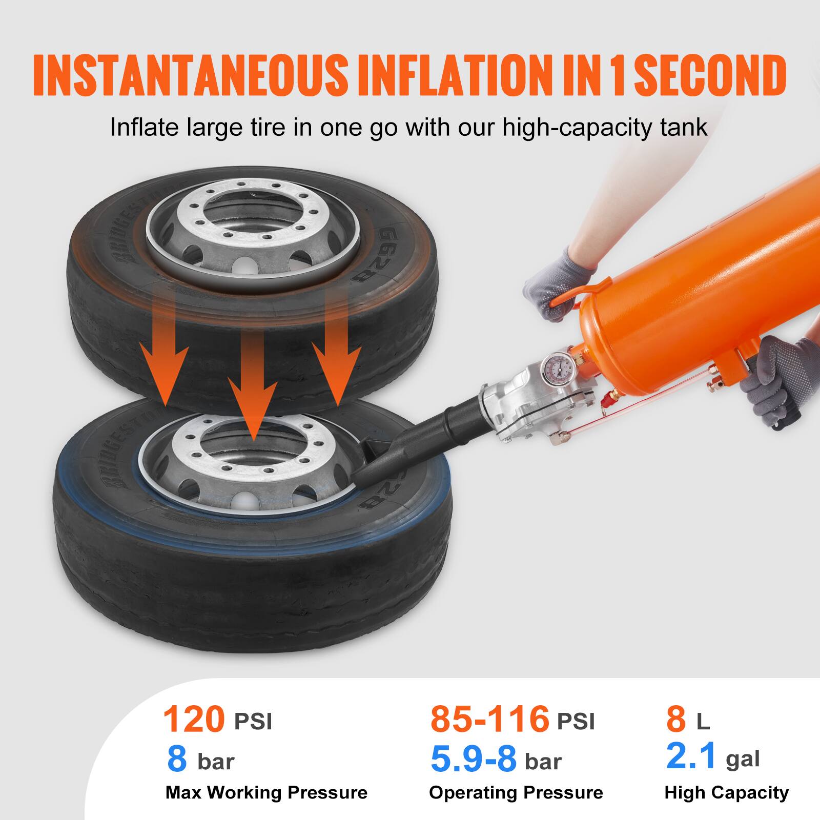 INSTANTANEOUS INFLATION IN 1 SECOND  
Inflate large tire in one go with our high-capacity tank  

GRIDG Sesa QRINGESTE  
gRIDG 28  

120 PSI  
8 bar  
Max Working Pressure  

85-116 PSI  
5.9-8 bar  
Operating Pressure  

8 L  
2.1 gal  
High Capacity