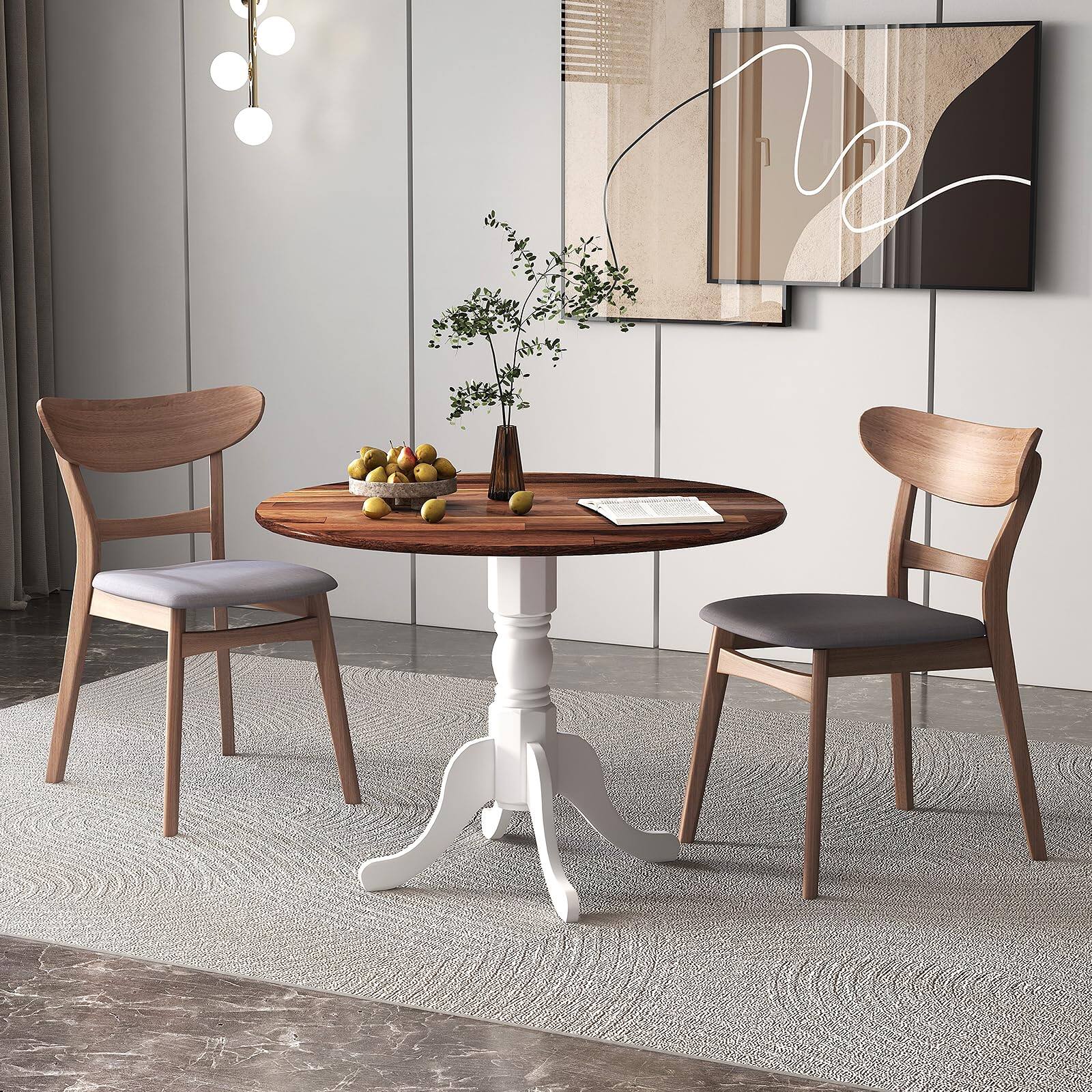 Left. MAGICAL RUBS - Round Dining Table  39" D X 29" H Rubber Wood Pedestal W/round Tabletop & Curved Trestle 4-person Dinner For - Walnut & White.