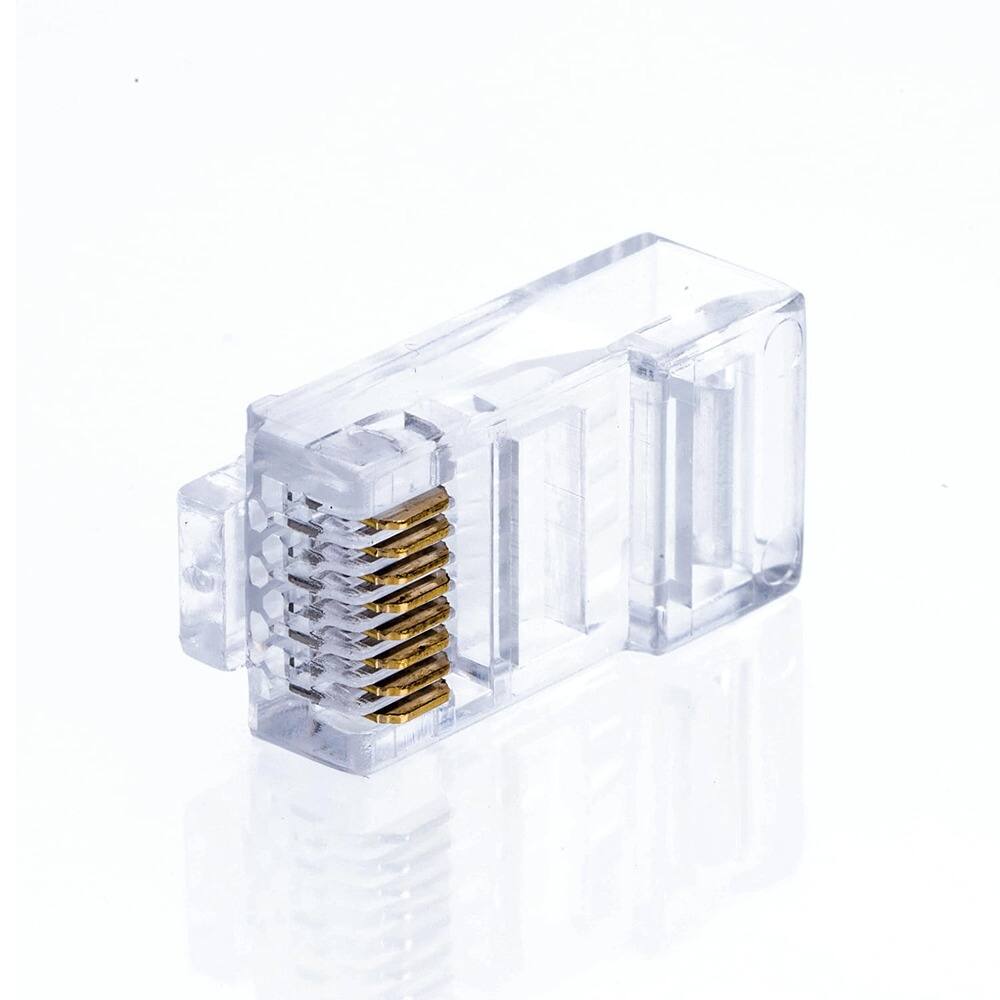 Left. ACJPR - Cat5e RJ45 Connectors 100-Pack, Gold-Plated, for Solid or Stranded Cable.