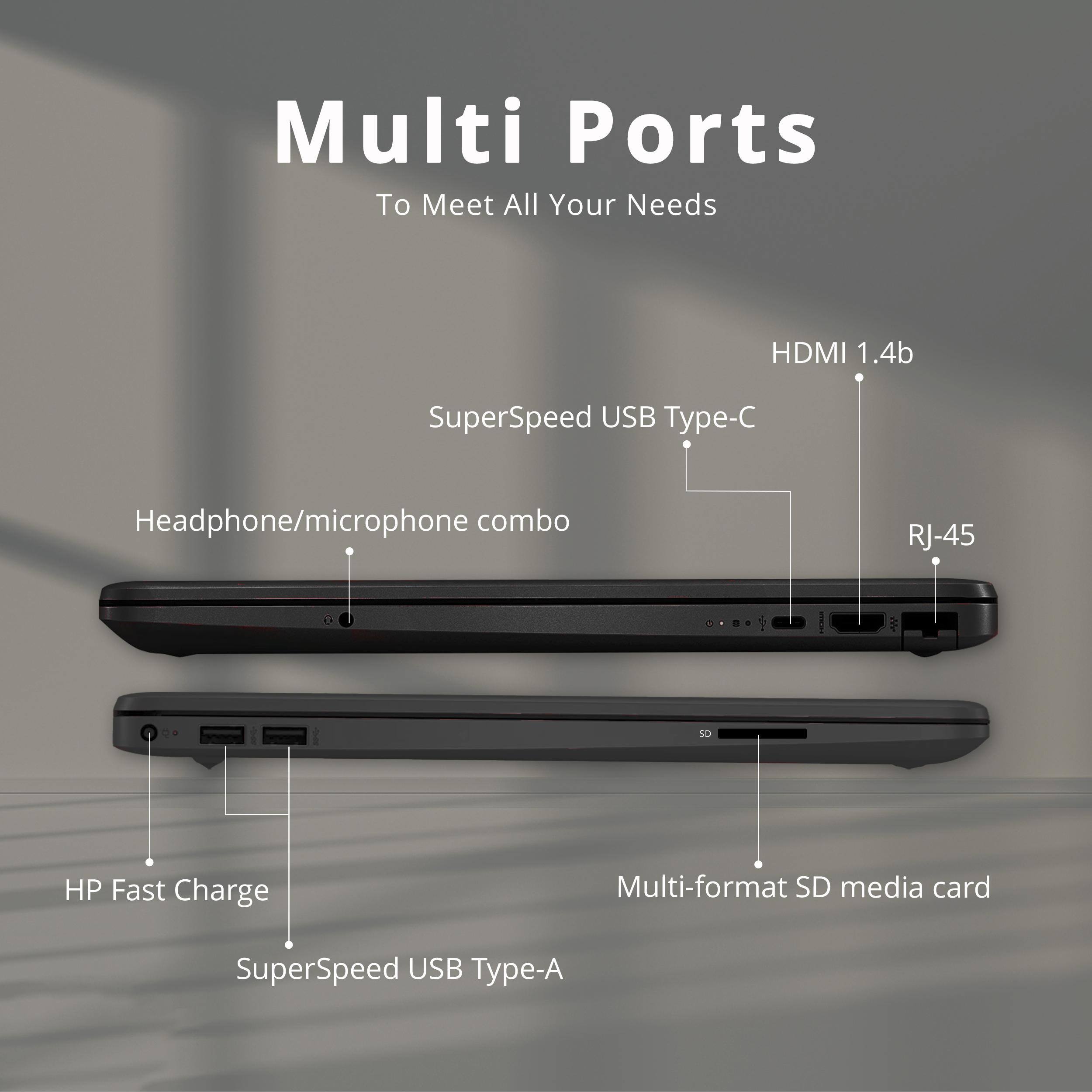Multi Ports To Meet All Your Needs  
- HDMI 1.4b  
- SuperSpeed USB Type-C  
- Headphone/microphone combo  
- RJ-45  
- SD  
- HP Fast Charge  
- Multi-format SD media card  
- SuperSpeed USB Type-A