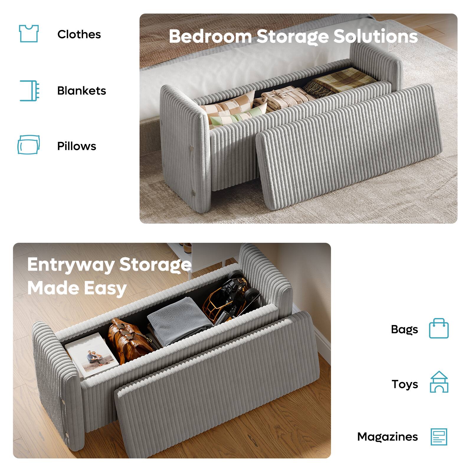 Clothes, Bedroom Storage Solutions, Entryway Storage Made Easy, Bags, Toys, Magazines