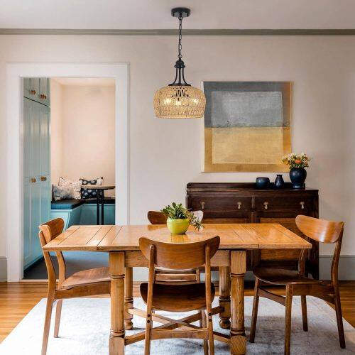 Alt View 2. LUCKY ONE - 12.6in Hanging Rattan Chandelier, 3-Light Boho Pendant Light for Dining Room Kitchen Island Hallway - Brown+Black.
